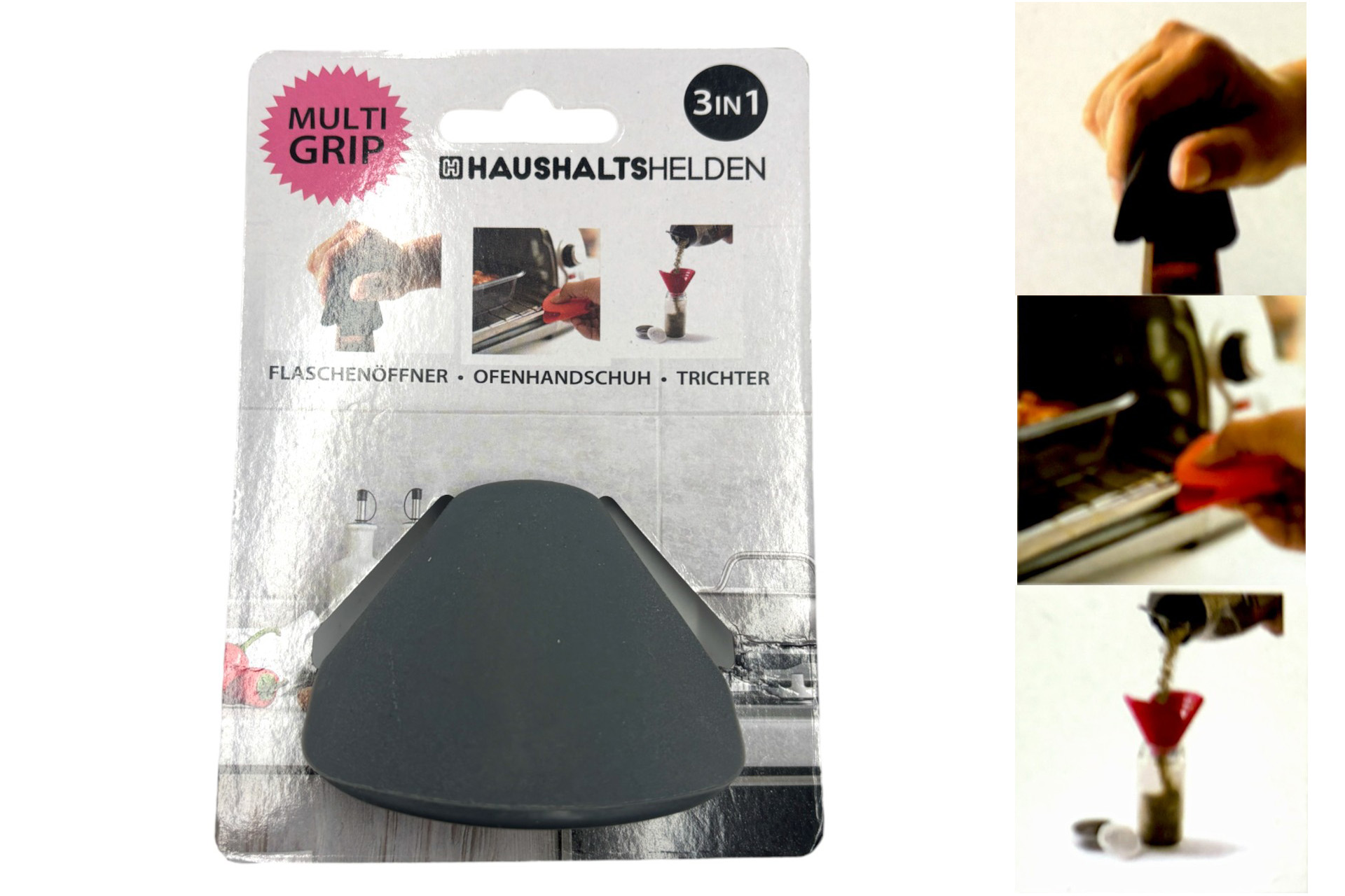Silikon-Grip Multifunktionell 3in1 Flaschenöffner, Trichter, Ofenhandschuh, grau