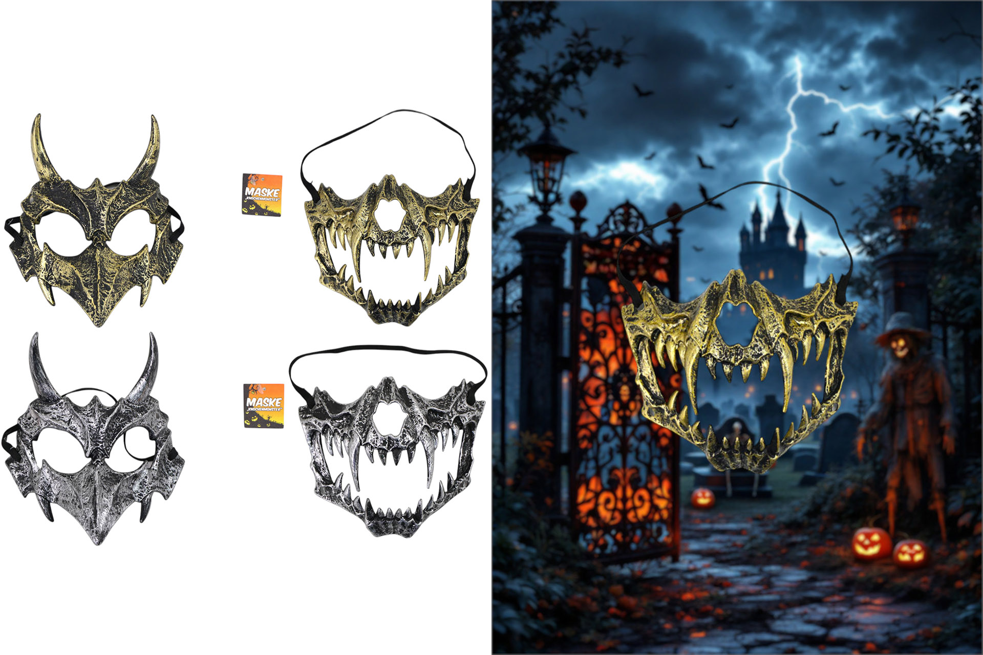 Halloween Maske "Knochenmonster", 21x16,5cm, 2 Farben, 2 Designs