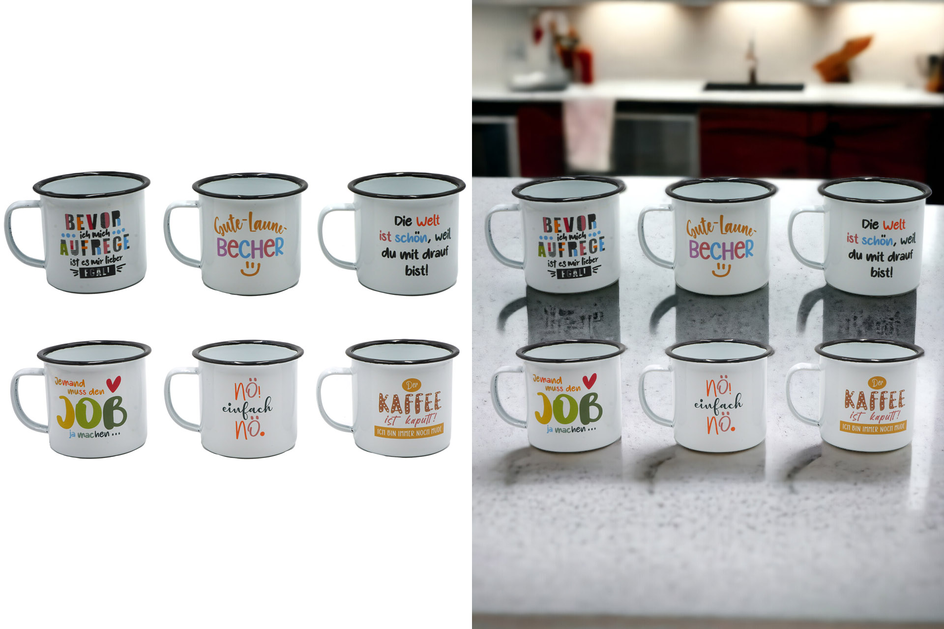 Metalltasse "Sprüche bunt", 350ml, mit Design, 6 Designs