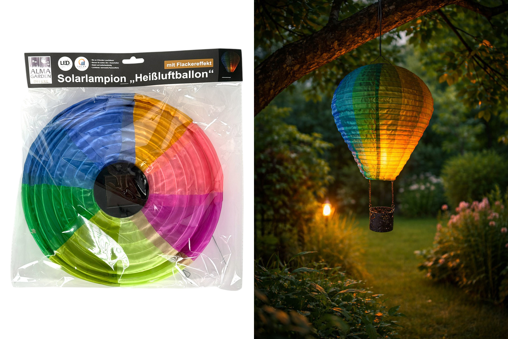 LED Solar "Heißluftballon" Lampion Laterne mit Korb, bunt, 20 LEDs, 30x30x50cm