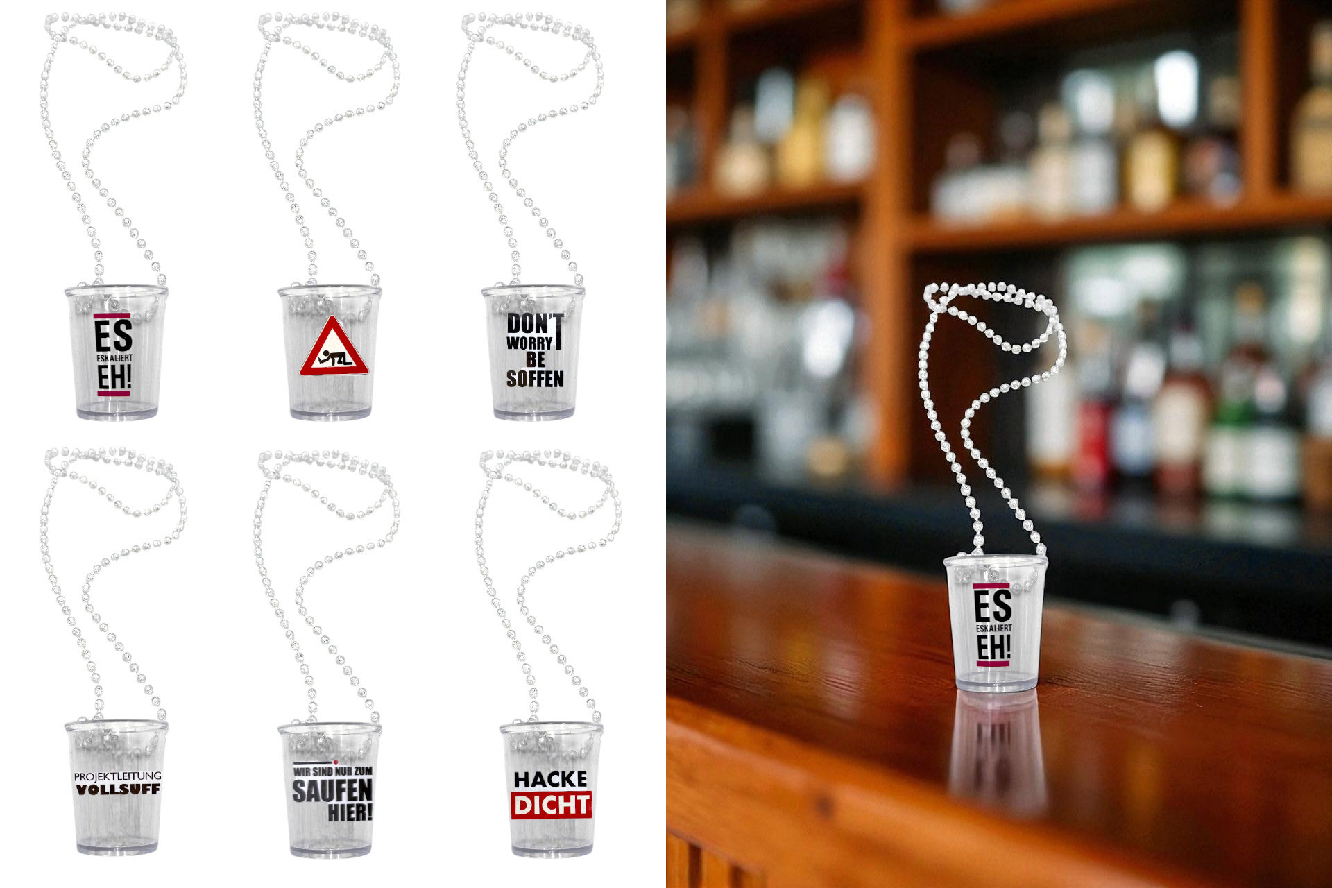 Pinnchen an Halskette "Malle-Party", 4cl, 6 Designs