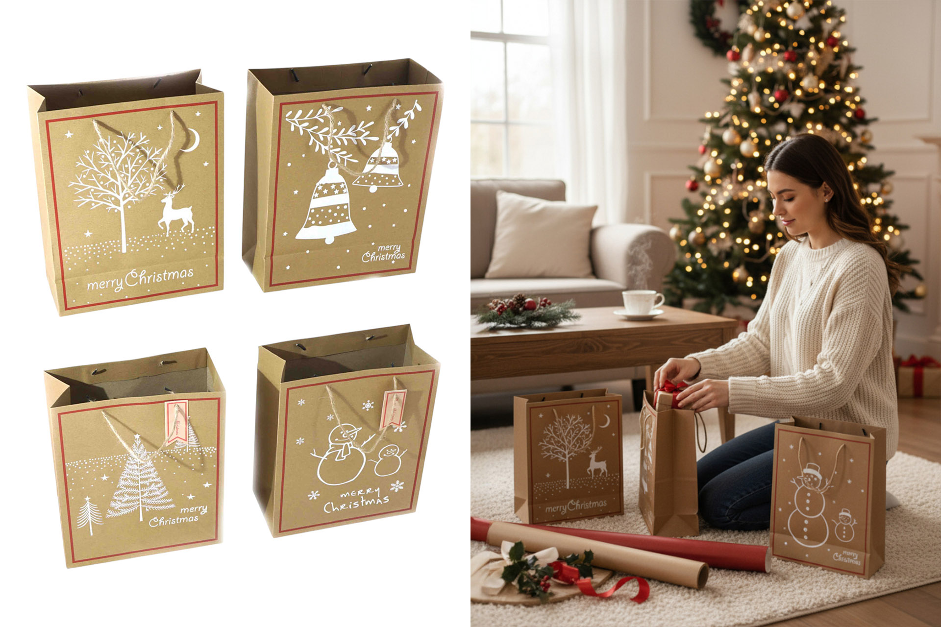Geschenktüte Weihnachten "Merry Christmas" 20x25x10cm, 4 Designs