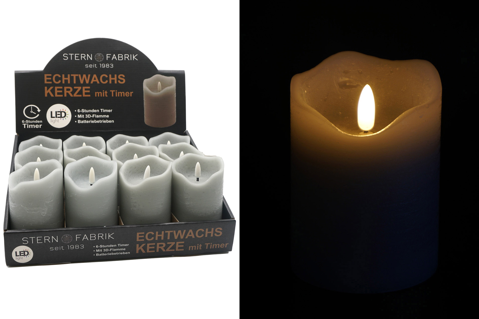 LED Echtwachskerze "3D Flamme" 7,5x12,5cm mit Timer, grau, im Display