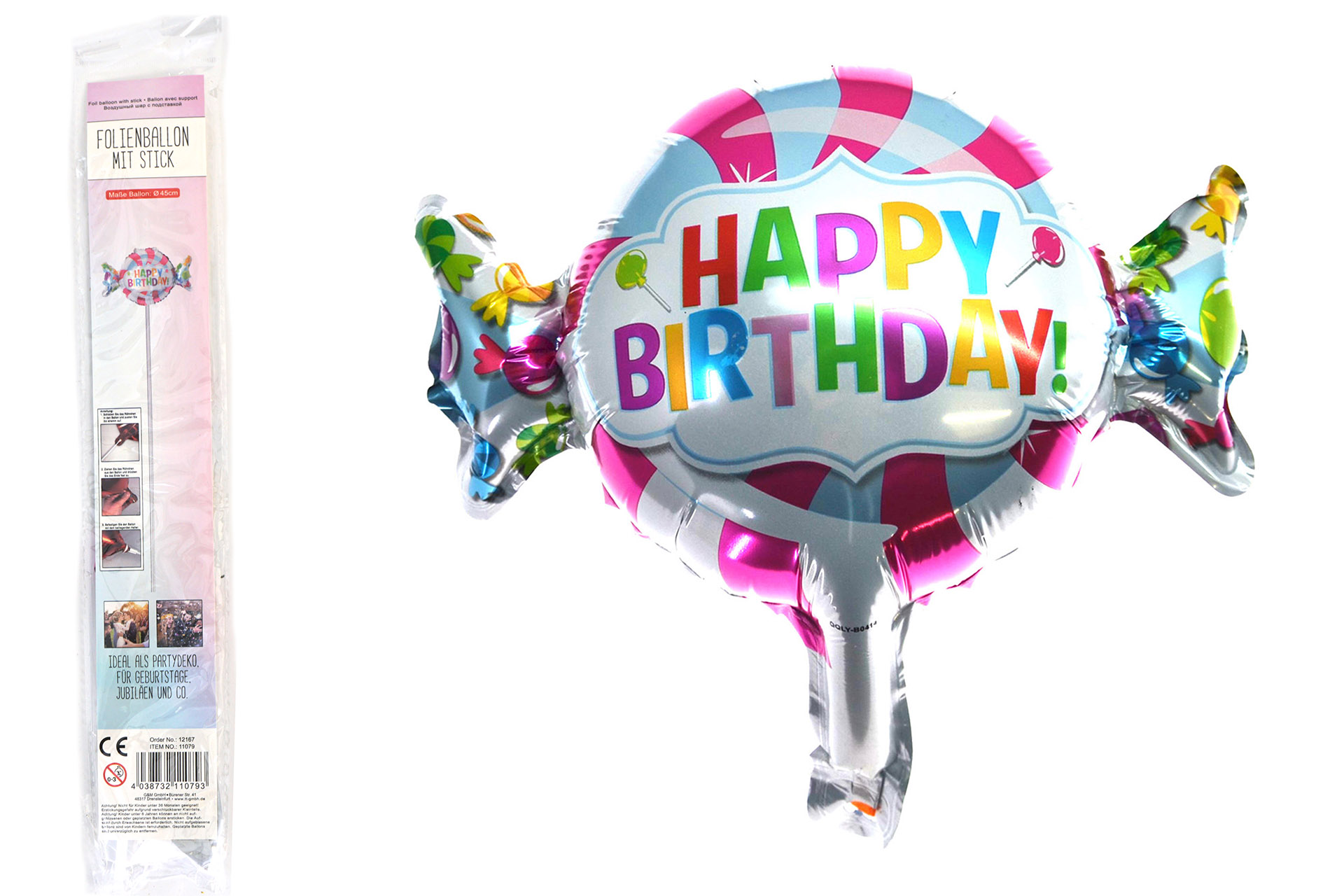 Folienballon Sortiment Refill für Display "Happy birthday Bonbon"mit Stick, 40cm