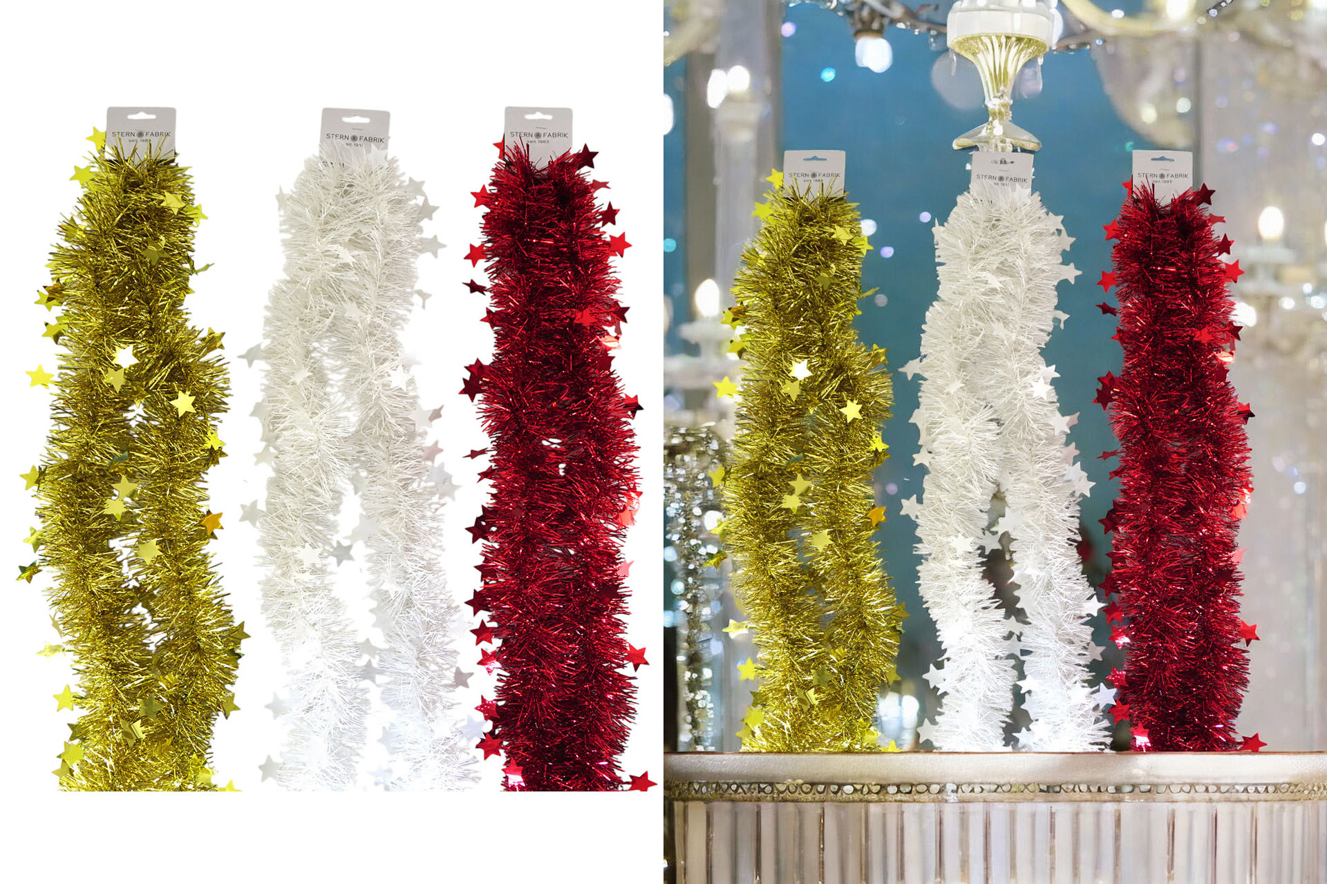 Lametta Girlande "Sterne", 200 x Ø9cm, 3 Farben