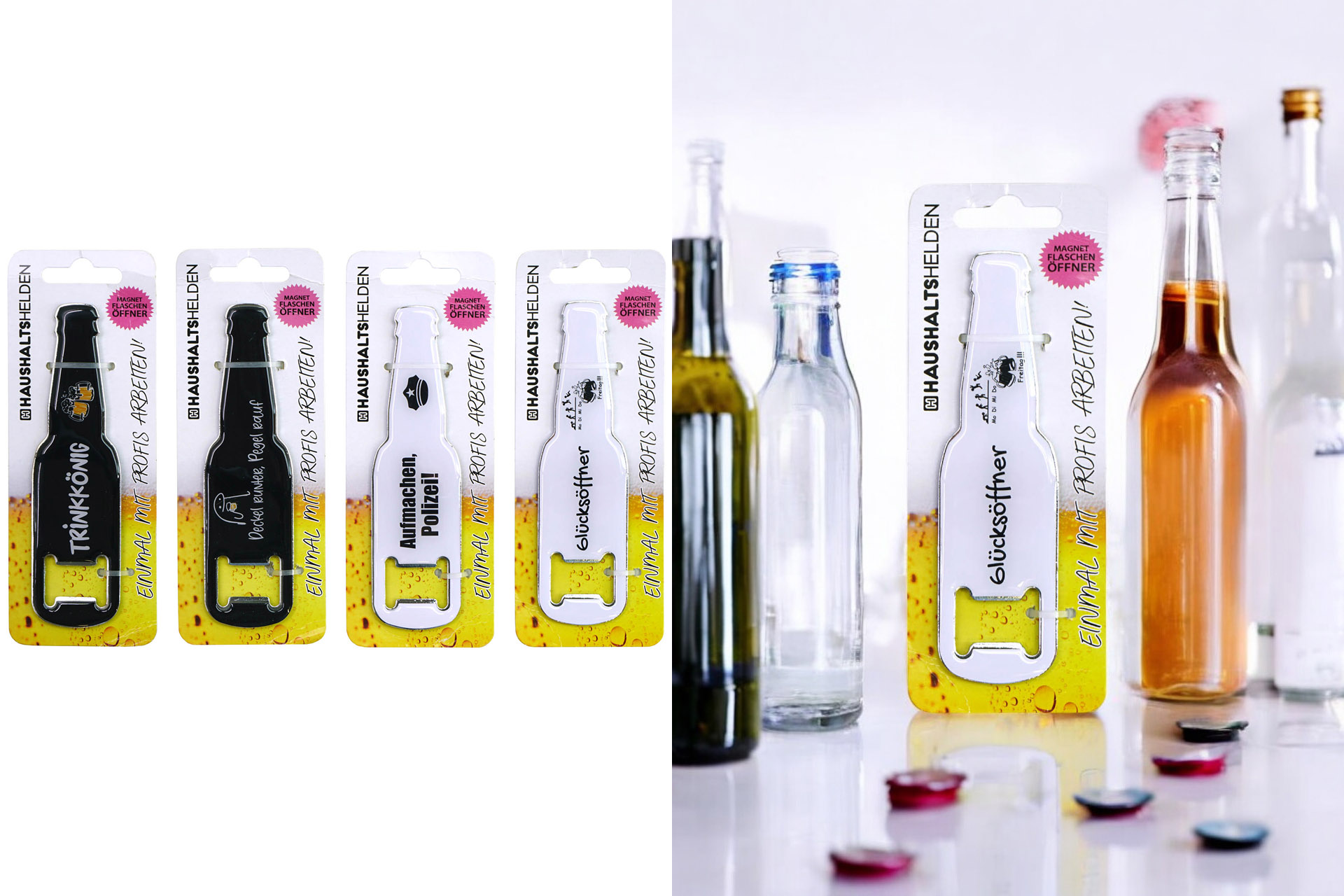 Flaschenöffner Flasche mit Magnet 13x3cm, 4 Designs
