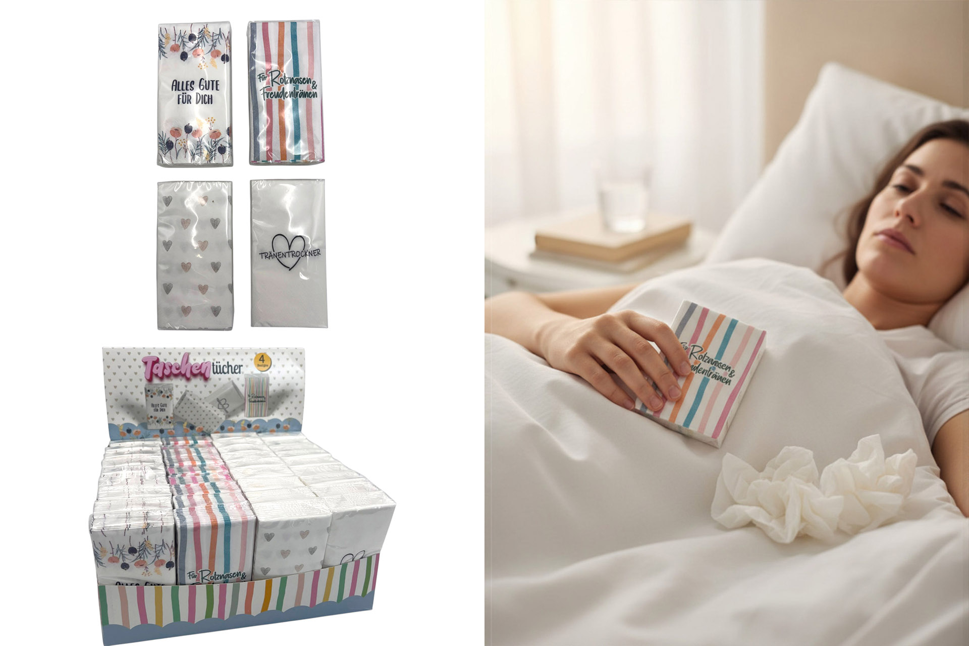 Taschentücher mit Spruch, 11x5x2cm, 3-lagig, 10er Pack, 4 Designs, im Display