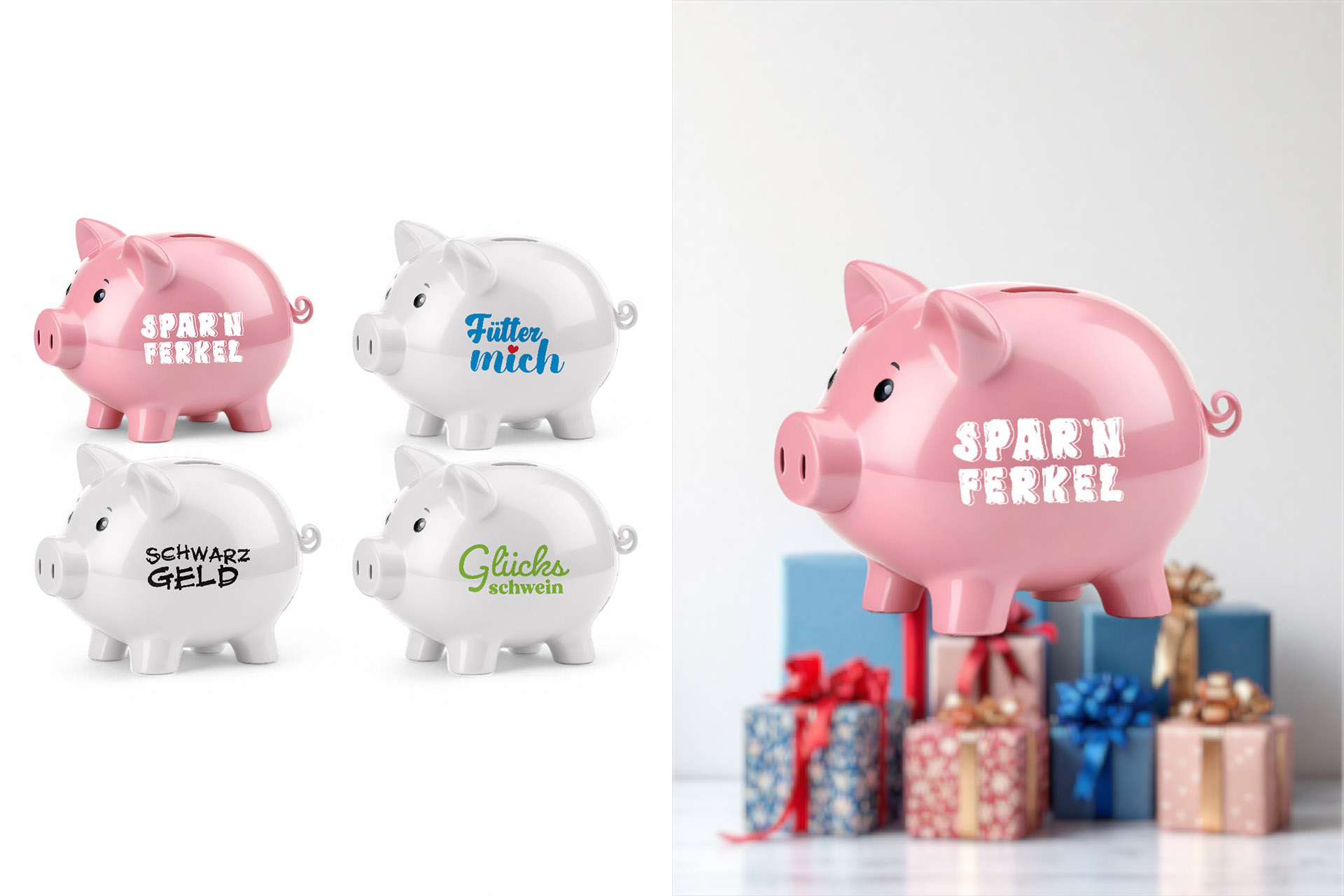 Spardose/Sparschwein mit Spruch, 11x8x8cm, 2 Farben, 4 Designs