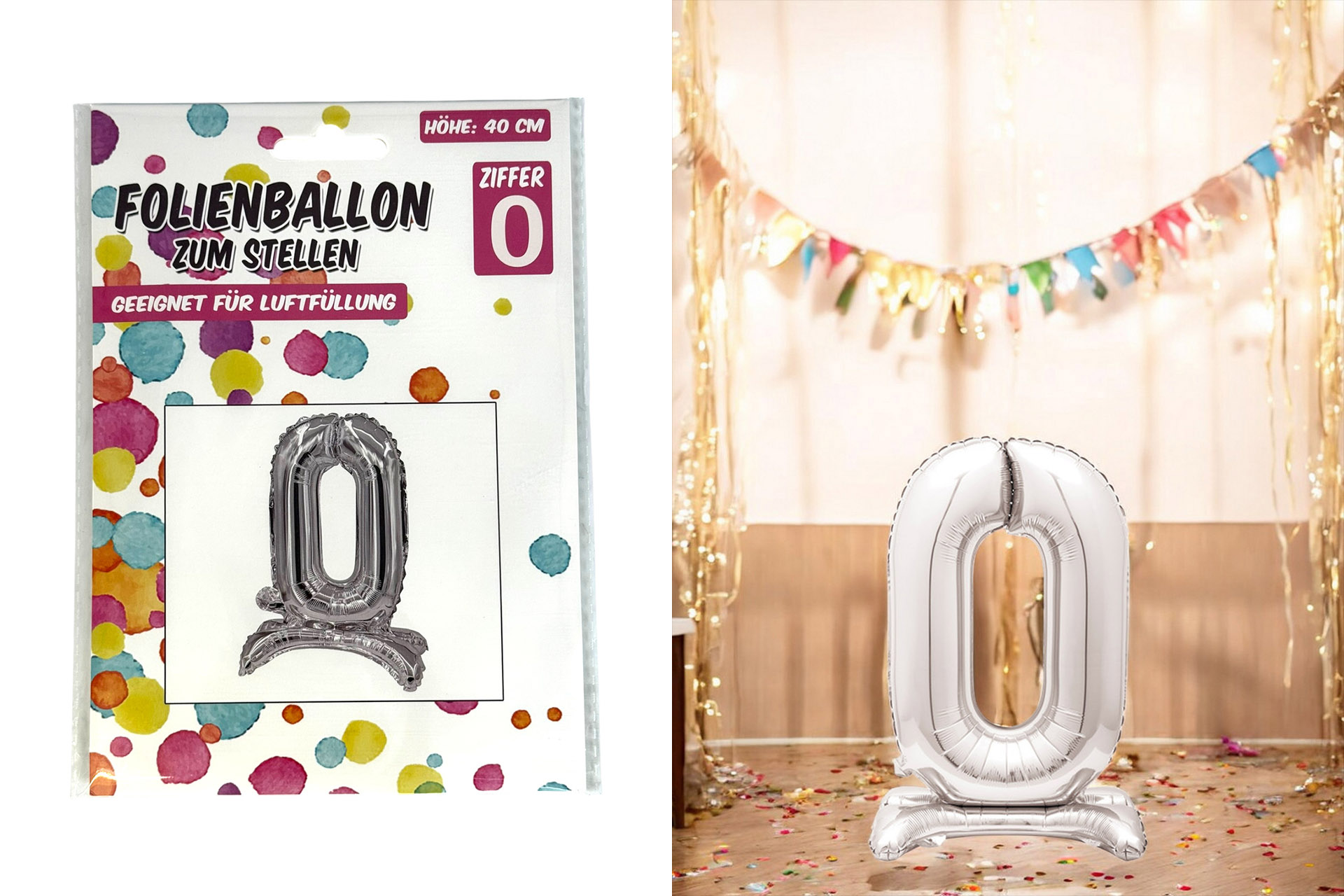 Folienballon zum Hinstellen "0", 40cm, in silber