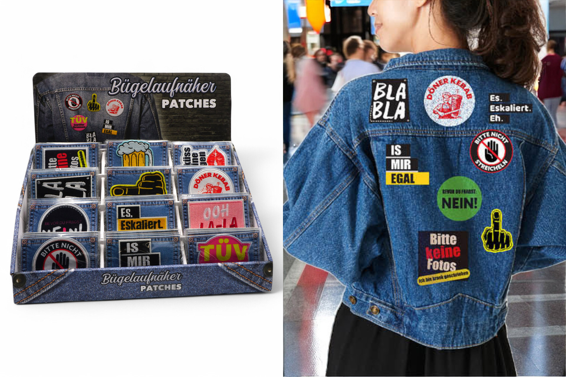 Bügelaufnäher Patches, 9x6,5cm, 12 Designs, im Display