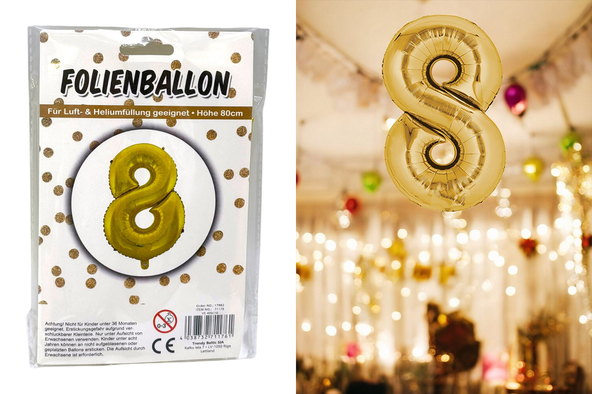 Folienballon Ziffer - 8, 80cm gold