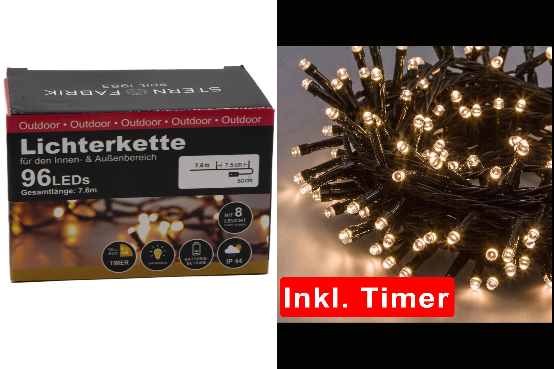 Lichterkette Basic LED 96er, OUTDOOR Timer, 8 Lichtfunktionen