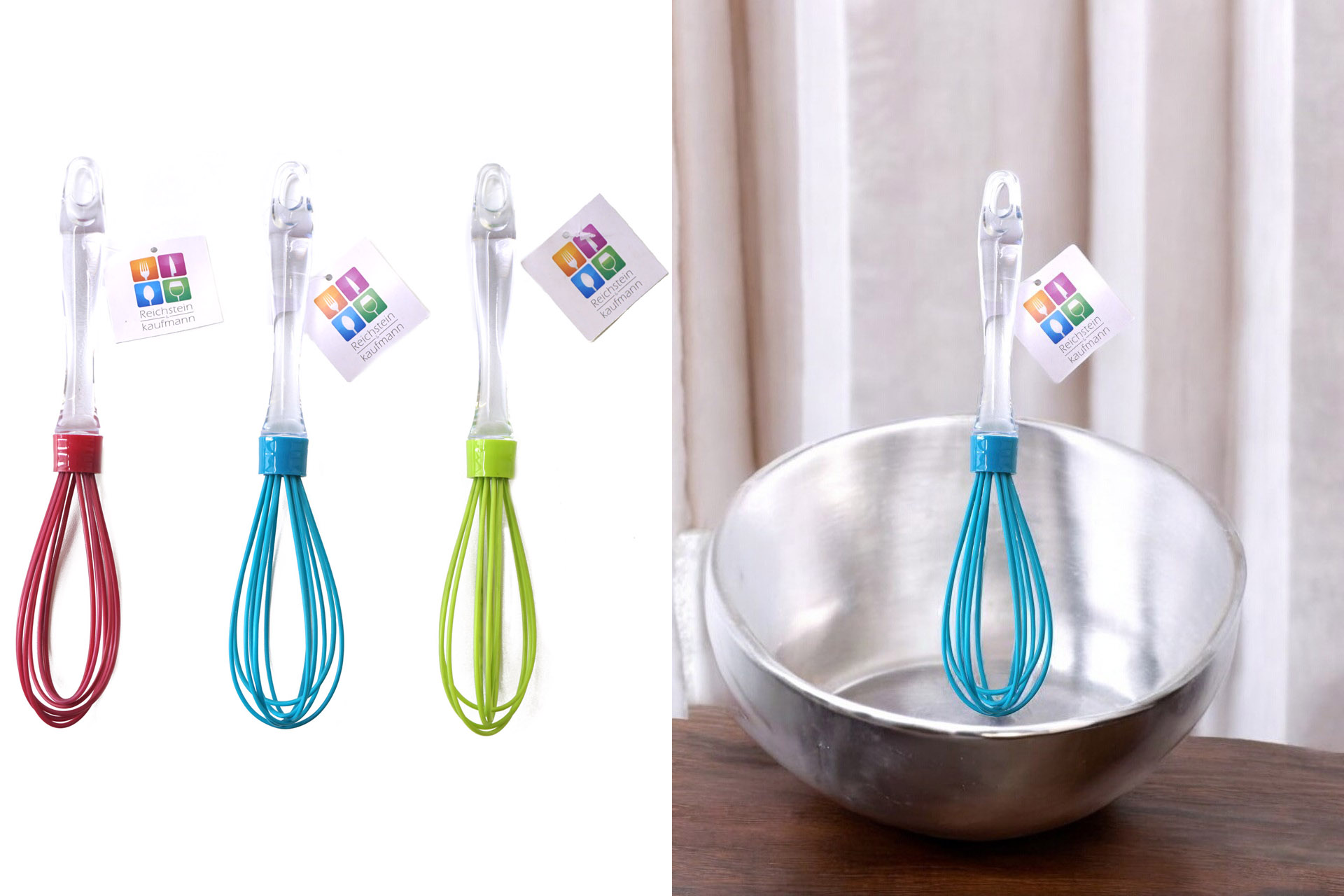 Schneebesen Silikon mit transparentem Griff, 3 Farben, 26cm