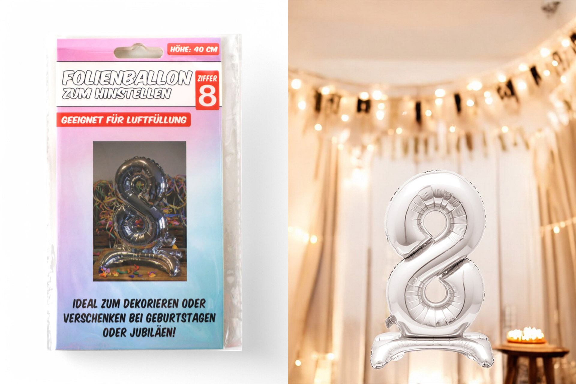 Folienballon zum Hinstellen "8", 40cm, in silber