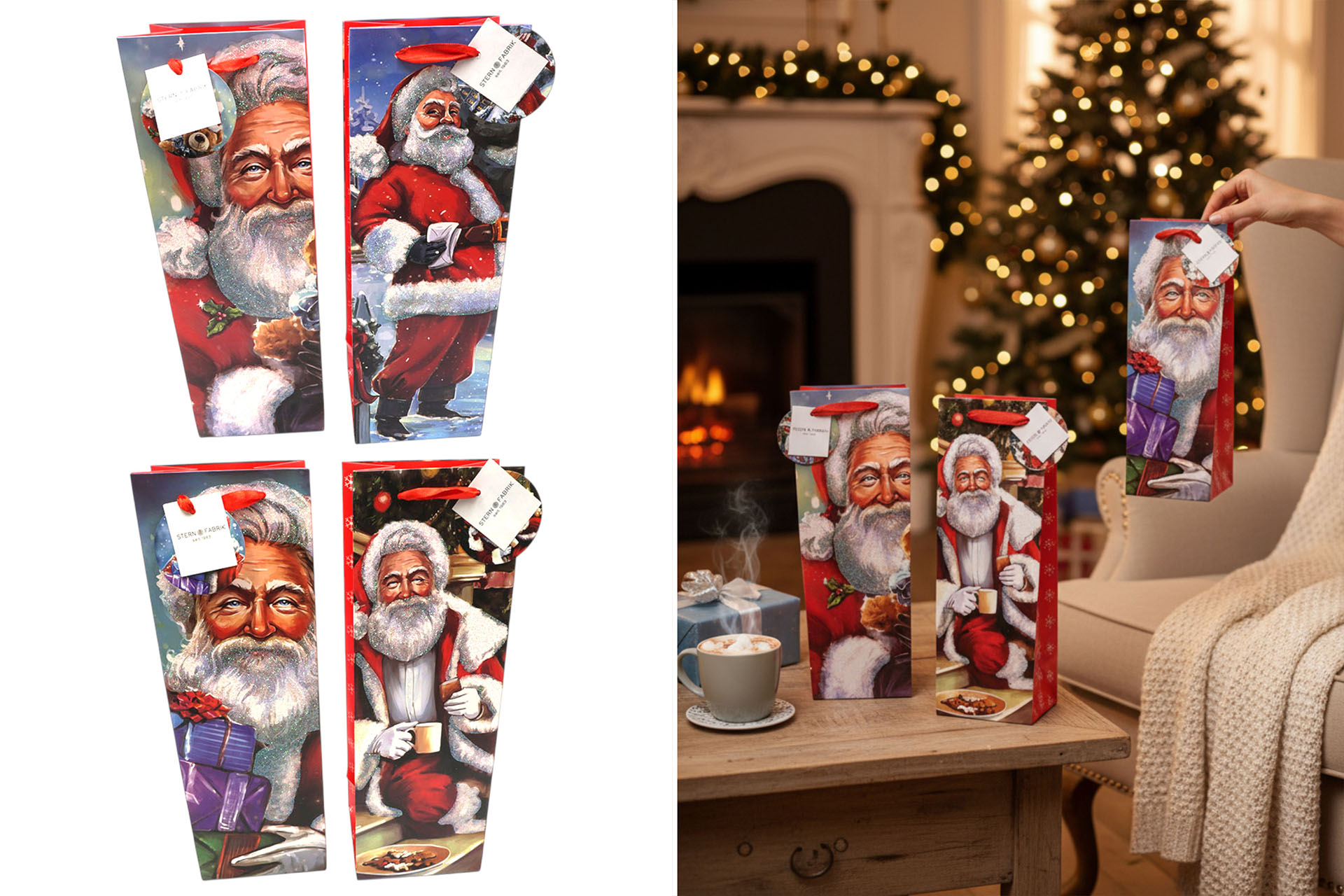Flaschentasche Weihnachten "Santa" 12x36x10cm, 4 Designs