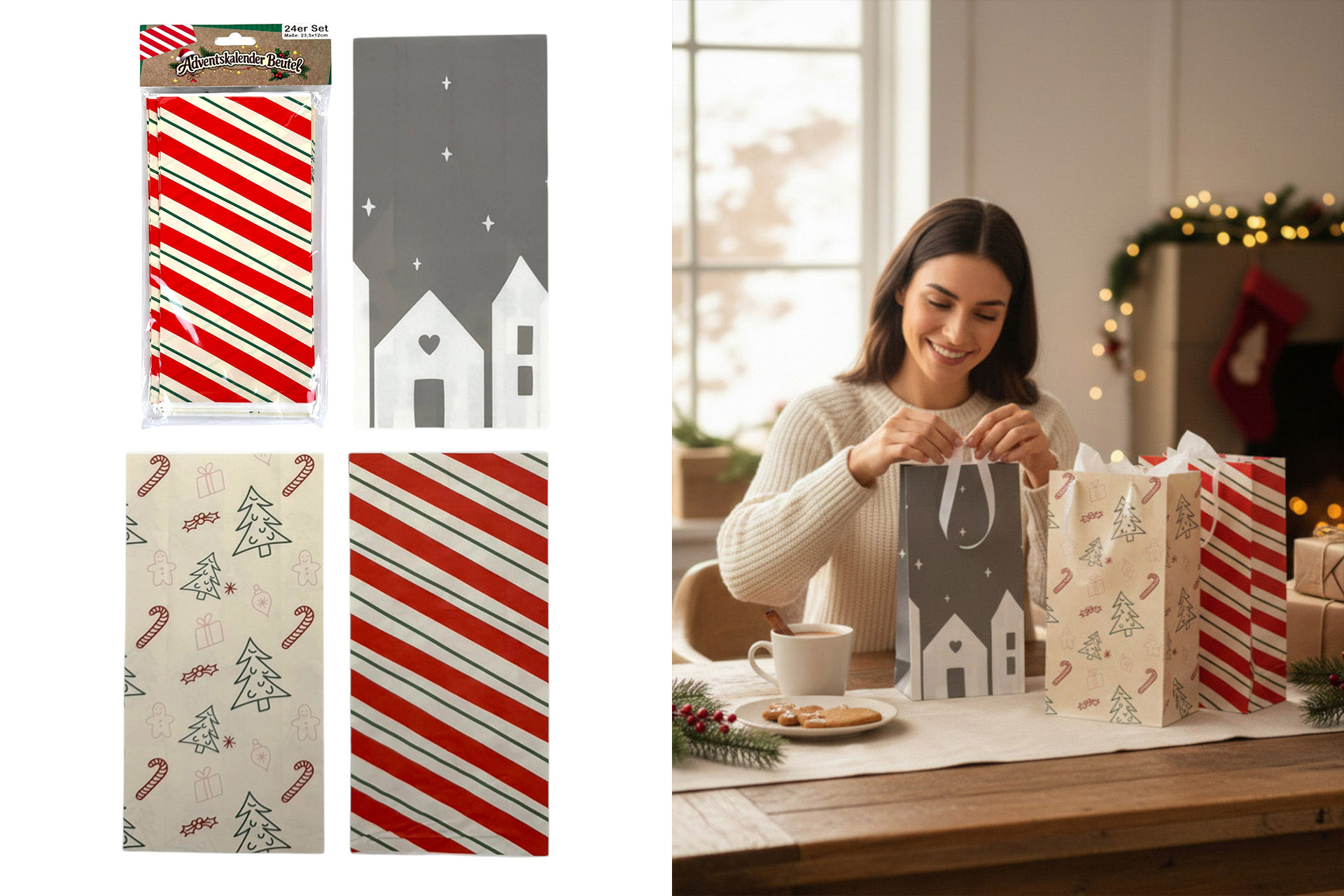 Adventskalender Beutel "DIY", 23,5x12cm, 24er, 3 Designs