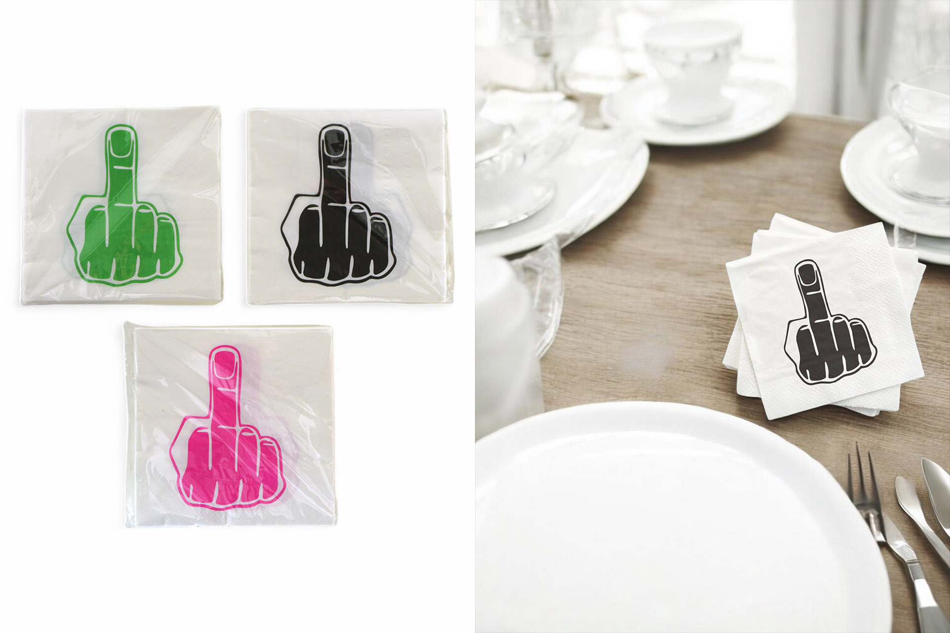 Servietten "Mittelfinger" 33x33cm, ¼ Falz, 3-lagig, 20er Pack, 3 Farben