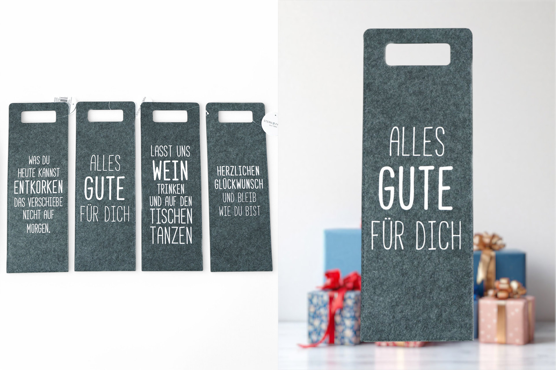 Geschenktasche Flaschentasche Filz "Sprüche" 4 Designs