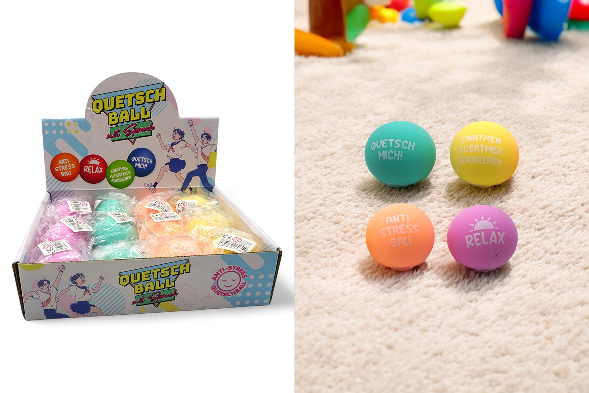 Quetschball Anti-Stress mit Spruch 7cm, 4 Farben, 4 Sprüche sortiert, im Display