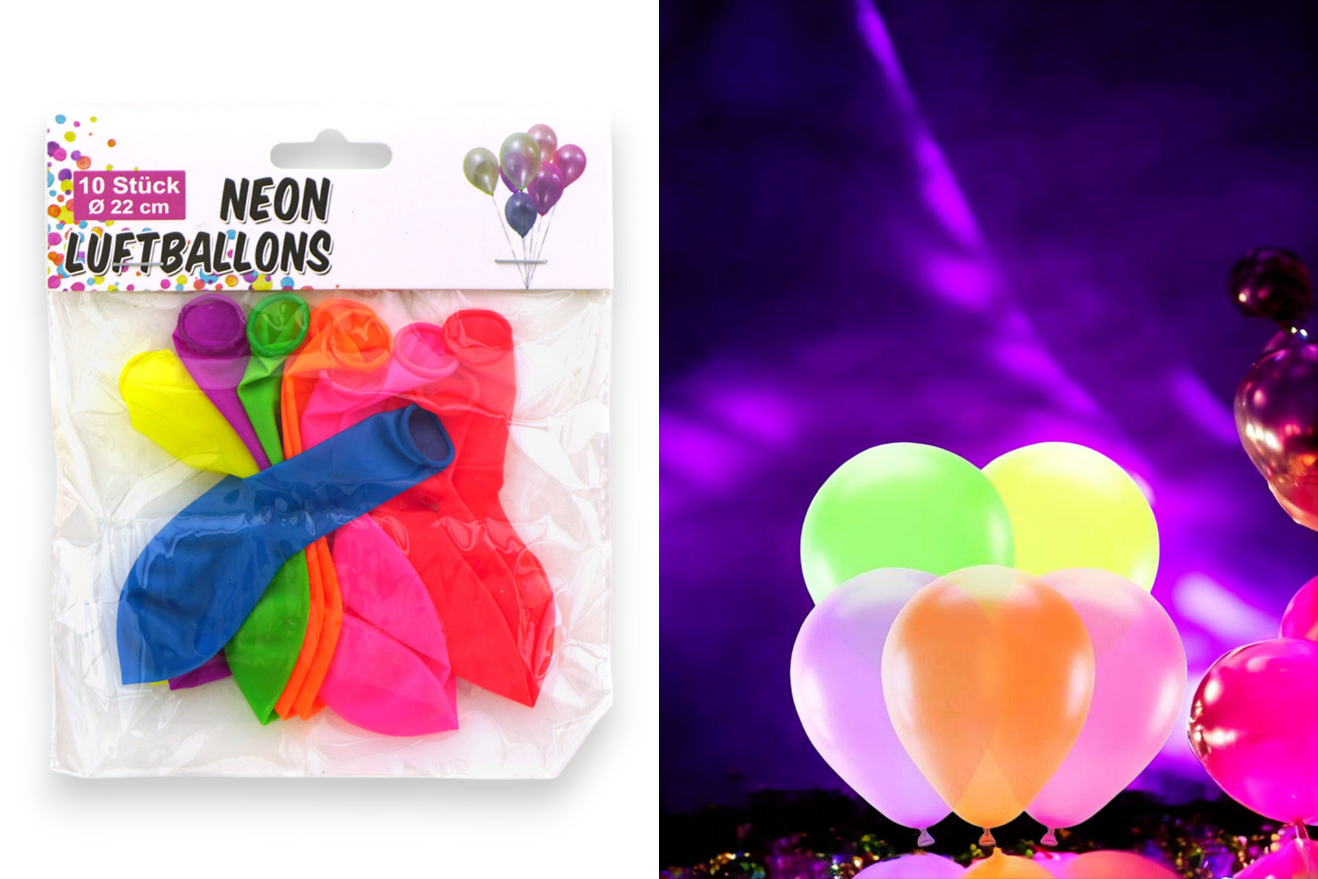 Luftballons neon, 10er Pack, ø22cm, farblich sortiert