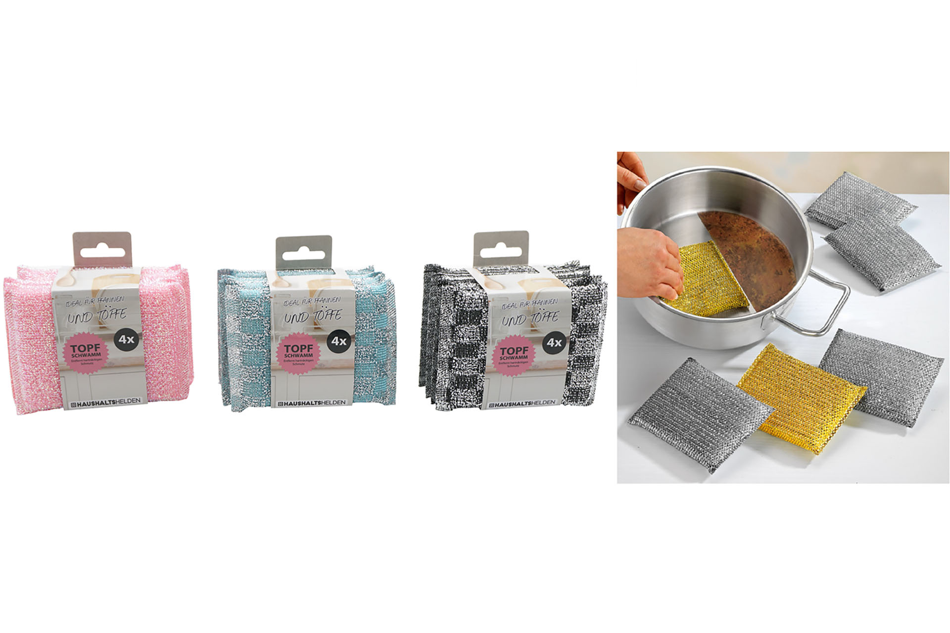 Topfschwämme, 4er, 3 Farben sortiert