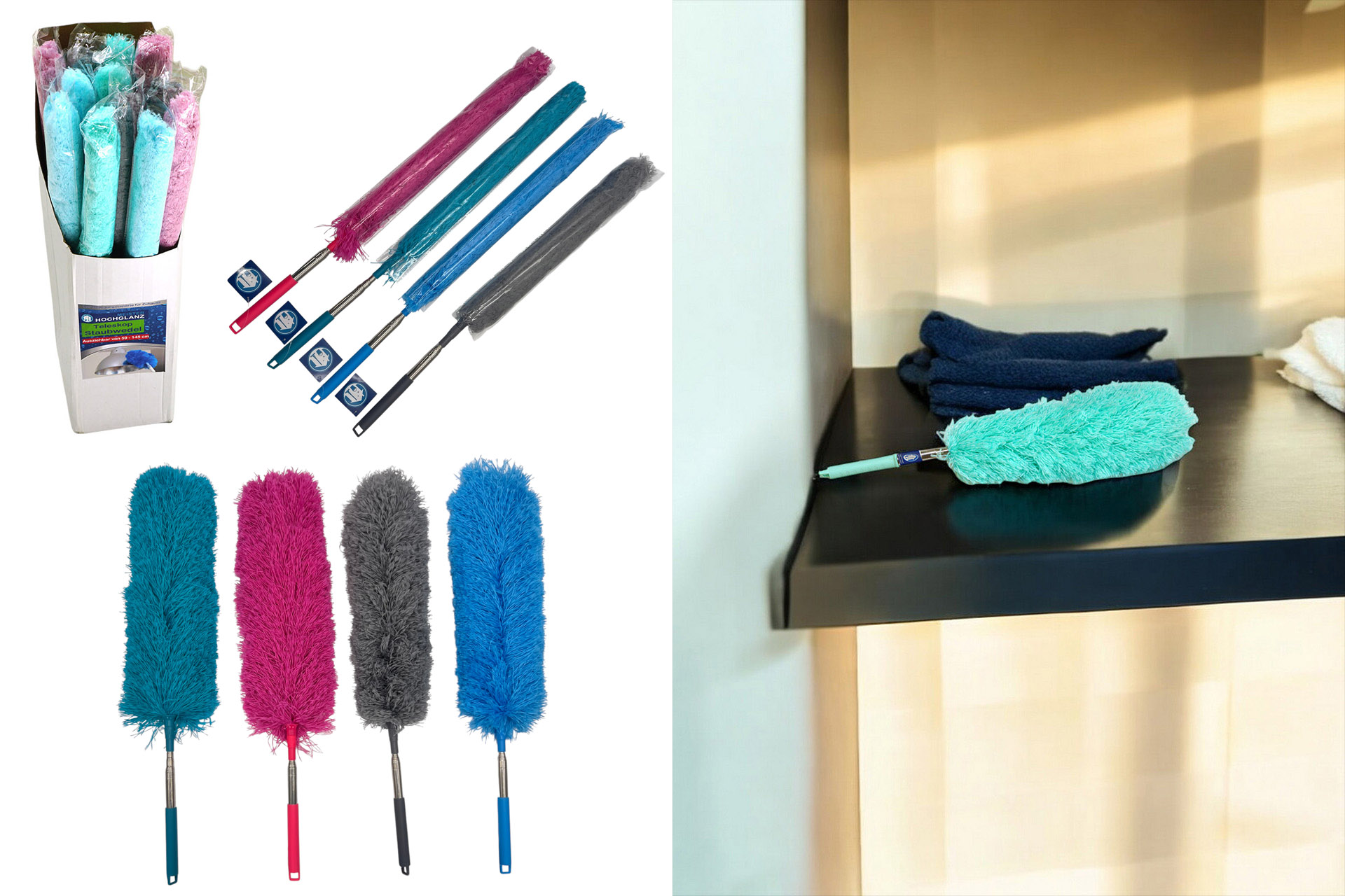 Staubwedel Premium Teleskop, 4 Farben, 59-145cm ausziehbar, im Display