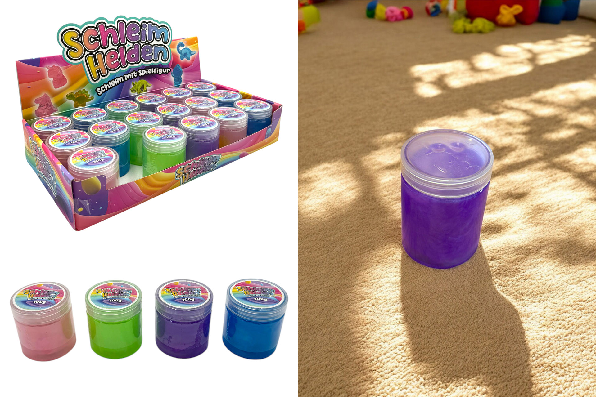 Schleim, 100g, inkl.Figur, 6x6x5,5cm, 4 Farben, 4 Designs, im Display