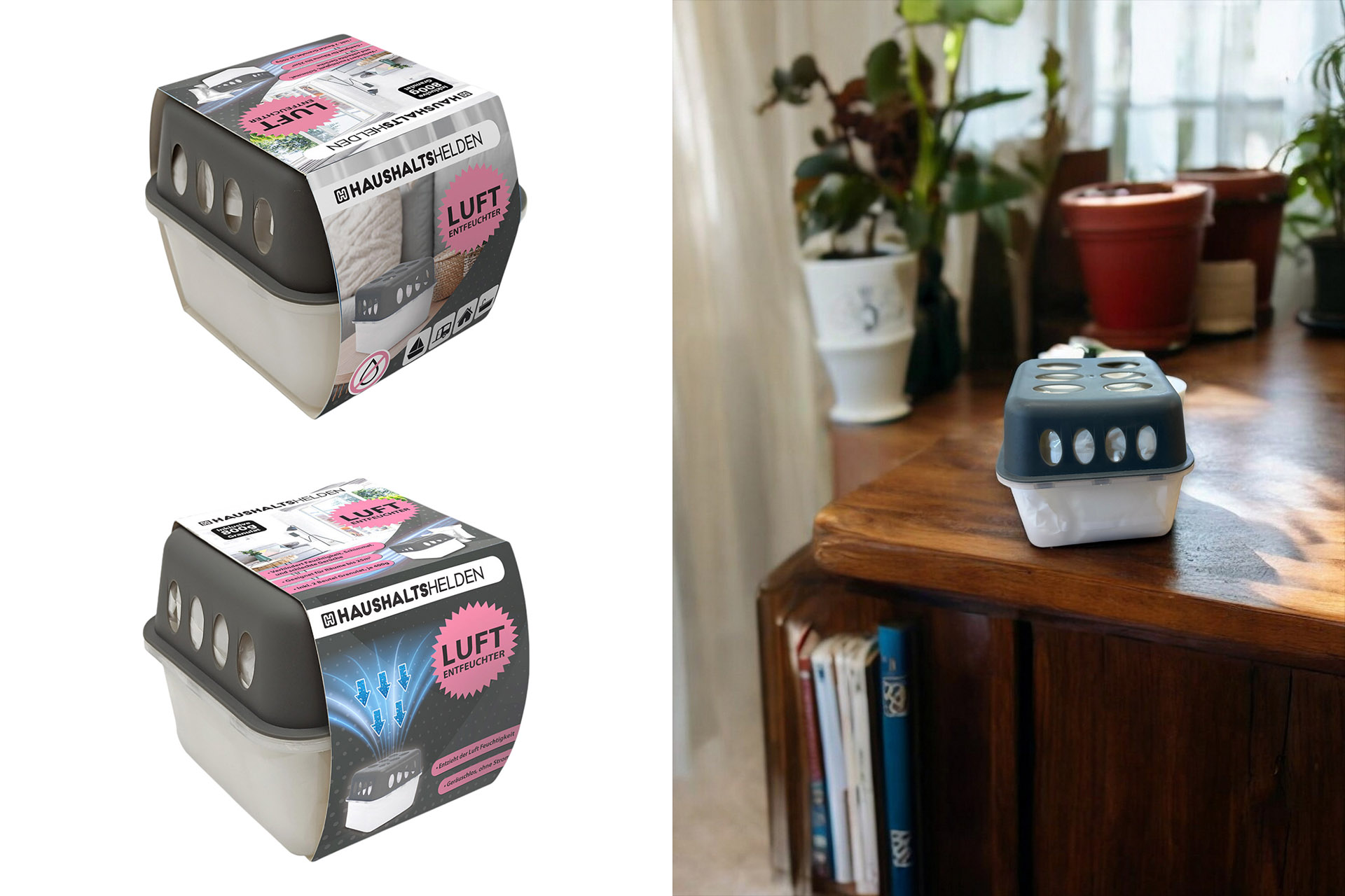 Luftentfeuchter Box, 14x14x12cm, inkl. 2x Granulat 400g