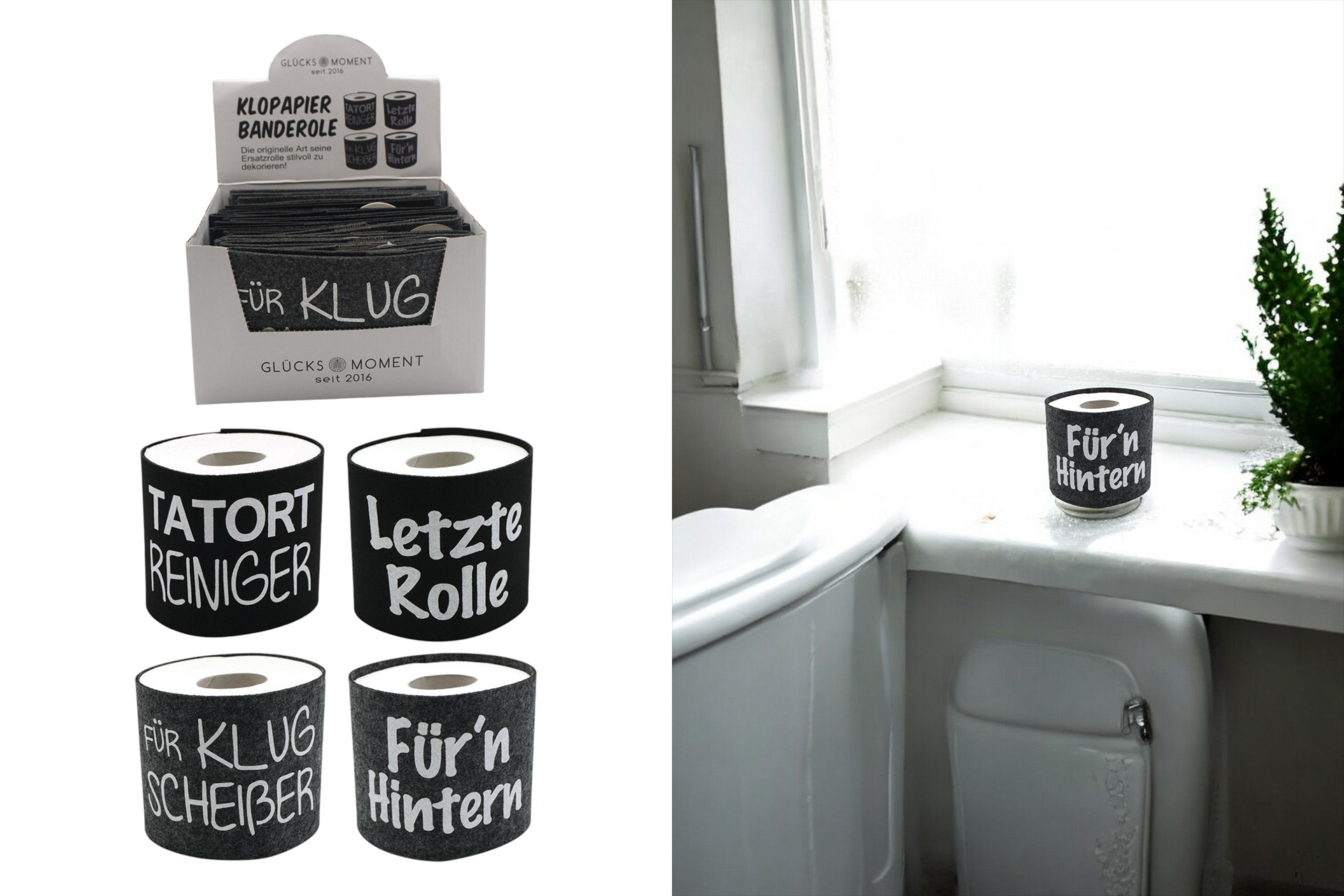 Filz Klopapier Banderole, 4 Designs sortiert, im Display