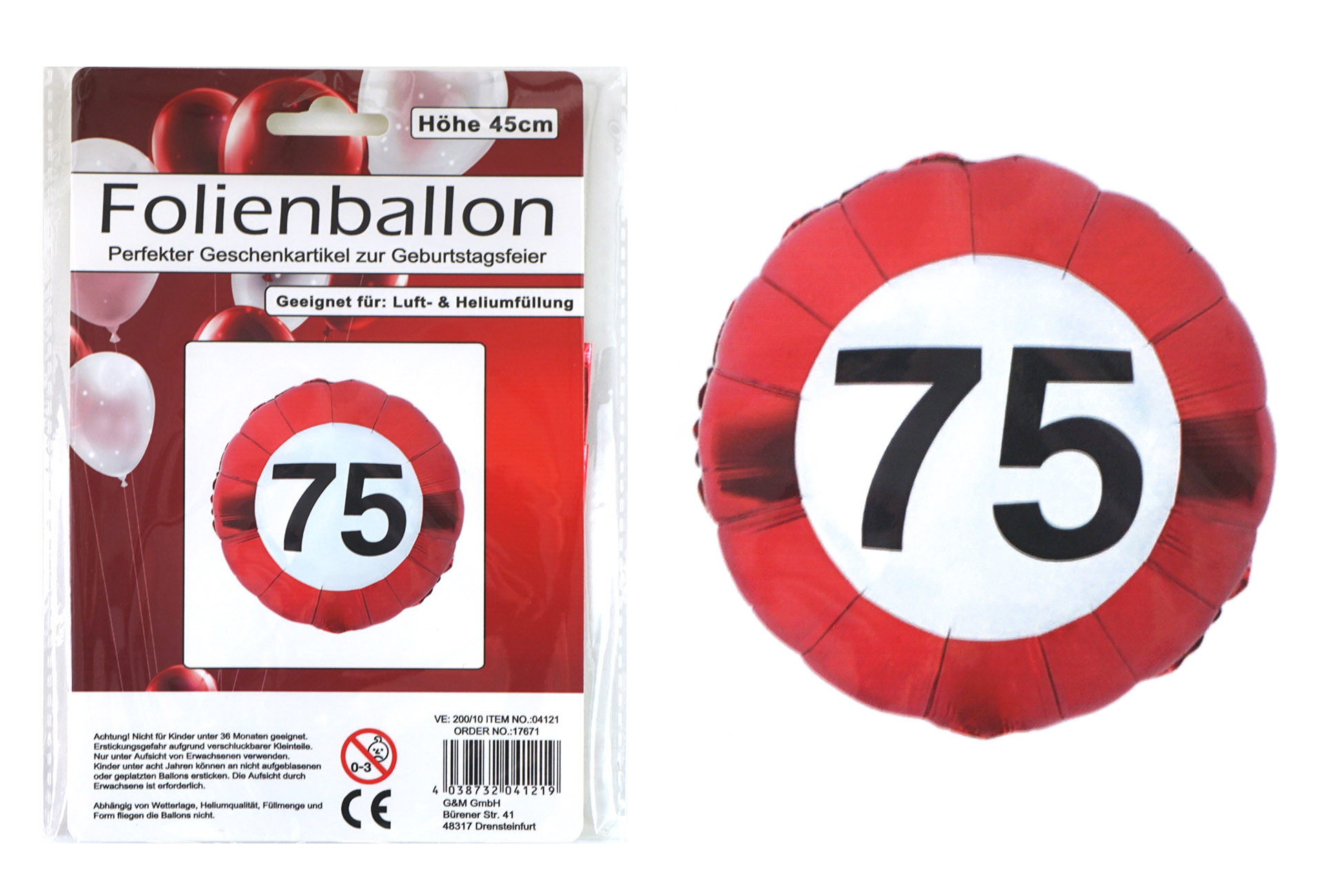 Folienballon Jubiläum Verkehrsschild "75", 45cm