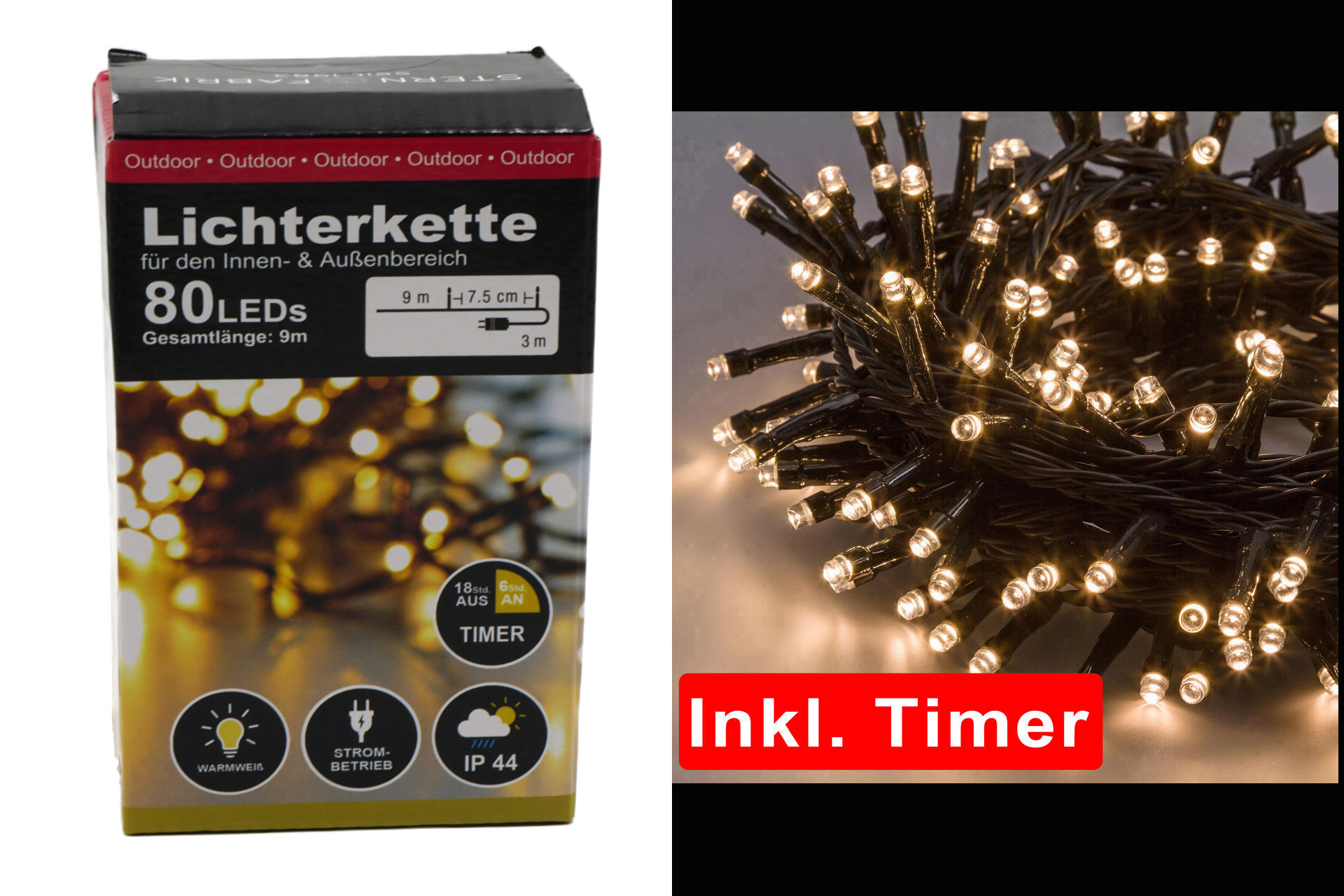 Lichterkette Basic LED 80er, warmweiß, In- & Outdoor, IP, mit Timer