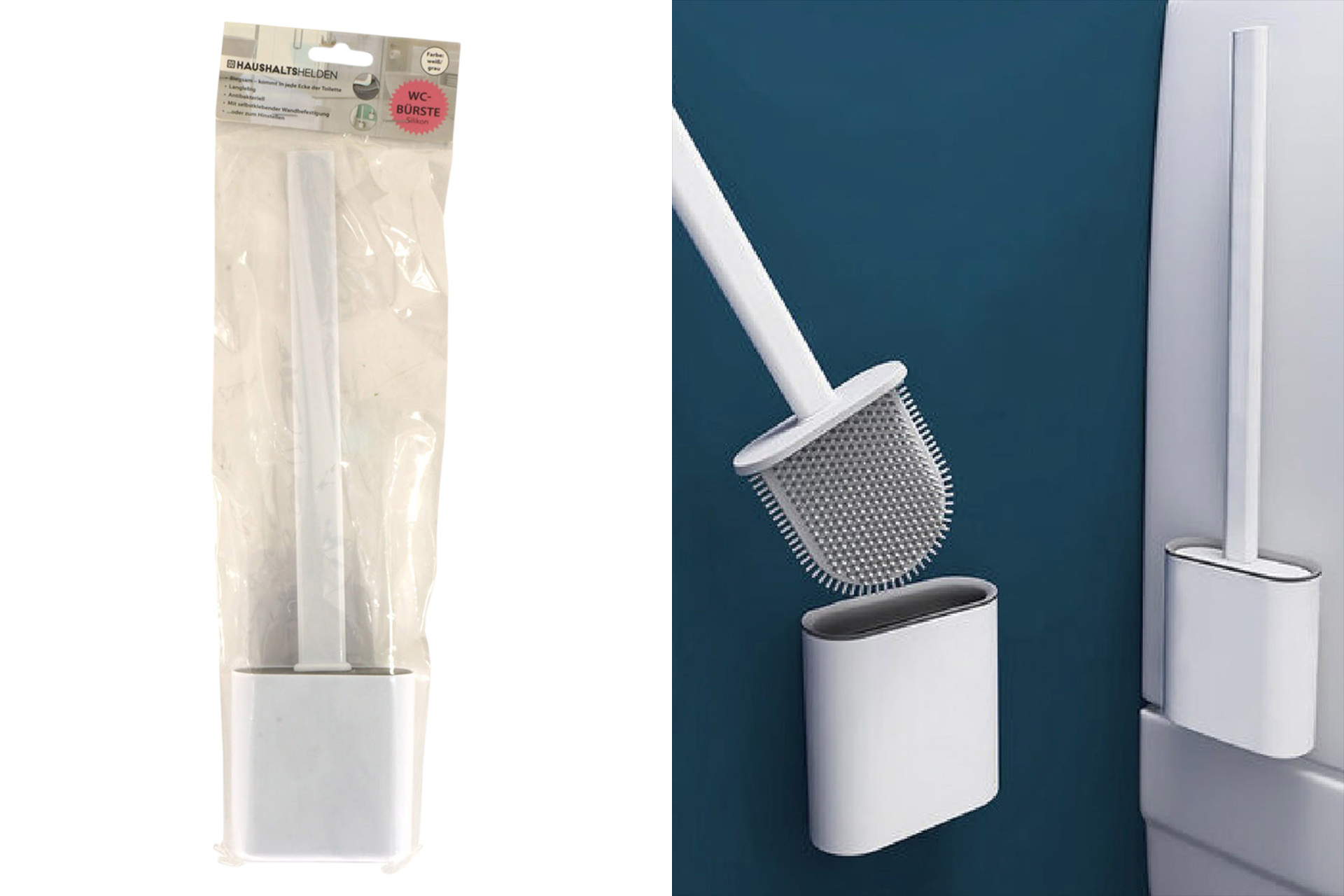 WC-Bürste Silikon inklusive Halterung, 36cm, weiß/grau