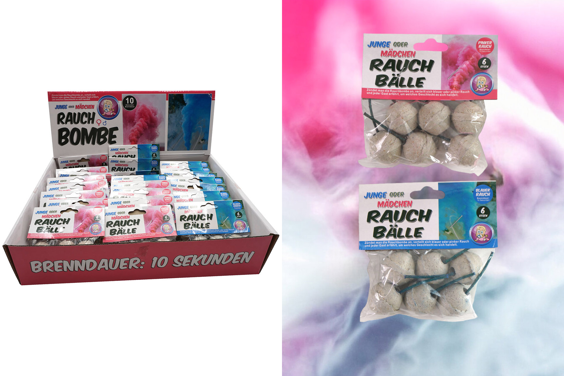 Rauchbombe 6er Set "BOY OR GIRL?" Brenndauer 10 Sek., sortiert, im Display