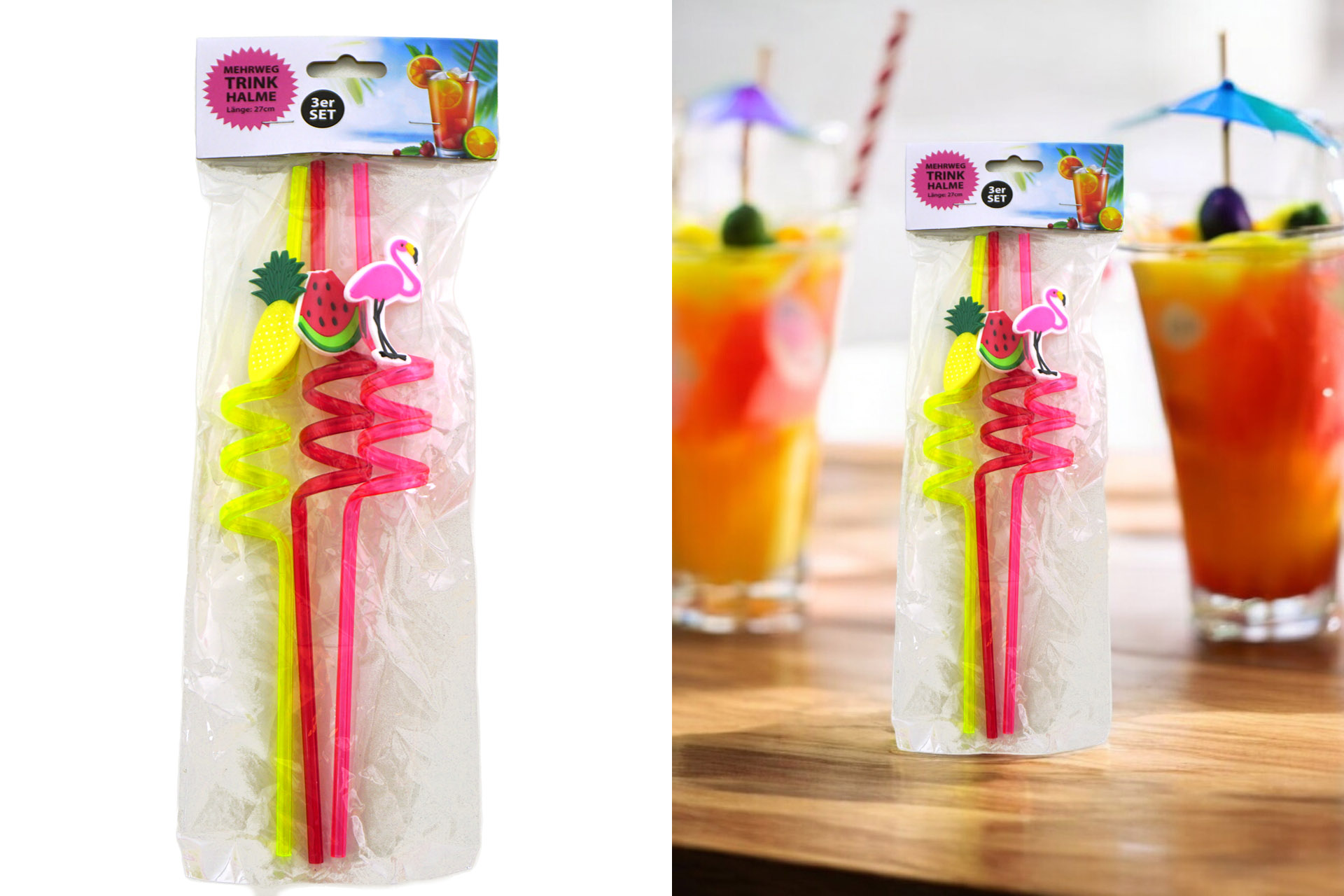 Trinkhalm Mehrweg "Tropic", 3er Set, 27x3cm, 3 Designs