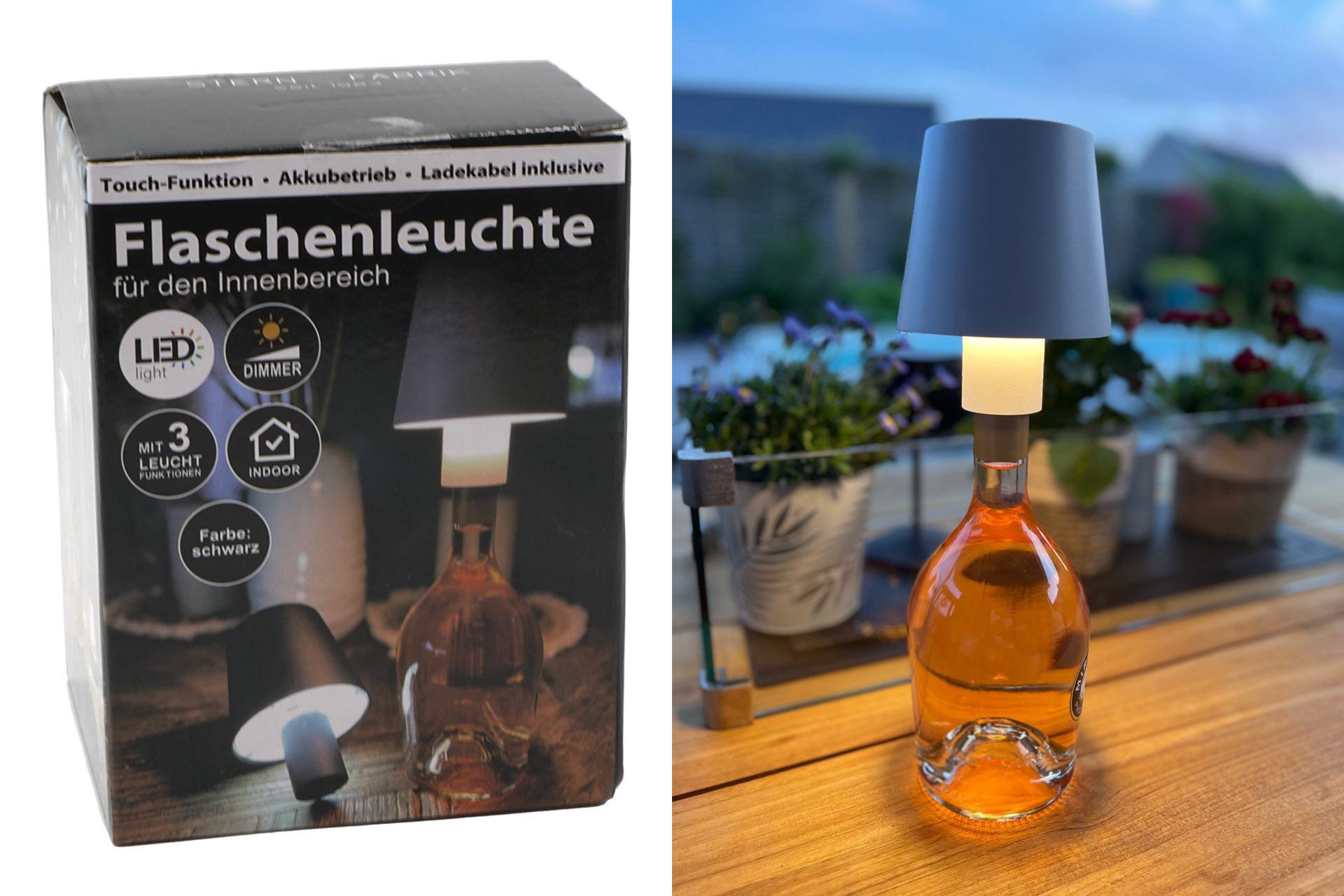 Flaschenlampe LED „Glorious“, 13x7,5x10cm, 3 Licht Funktionen, Touchfunktion, warmweiß, weiß