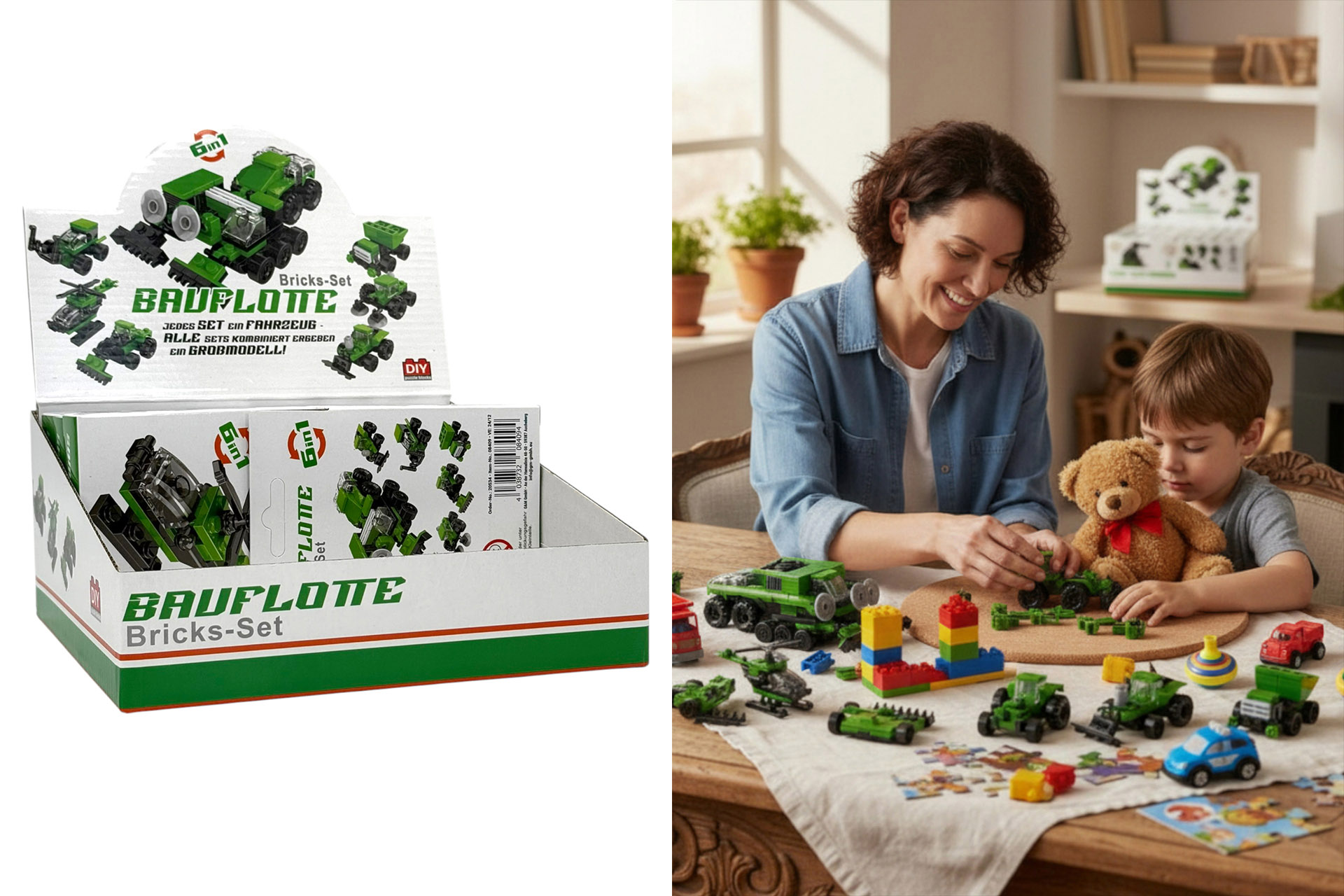 Bricks-Set "Bauflotte", 6 in 1, 8x3x9,5cm, 21tlg., 6 Designs, im Display