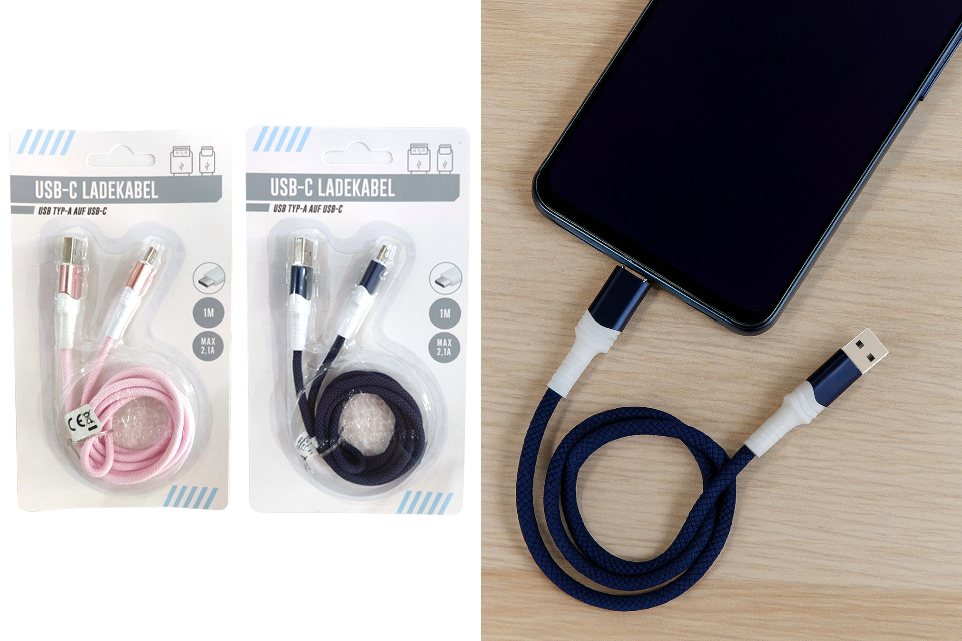 Ladekabel USB-C "Pink/Navie", 2 Farben, 1m