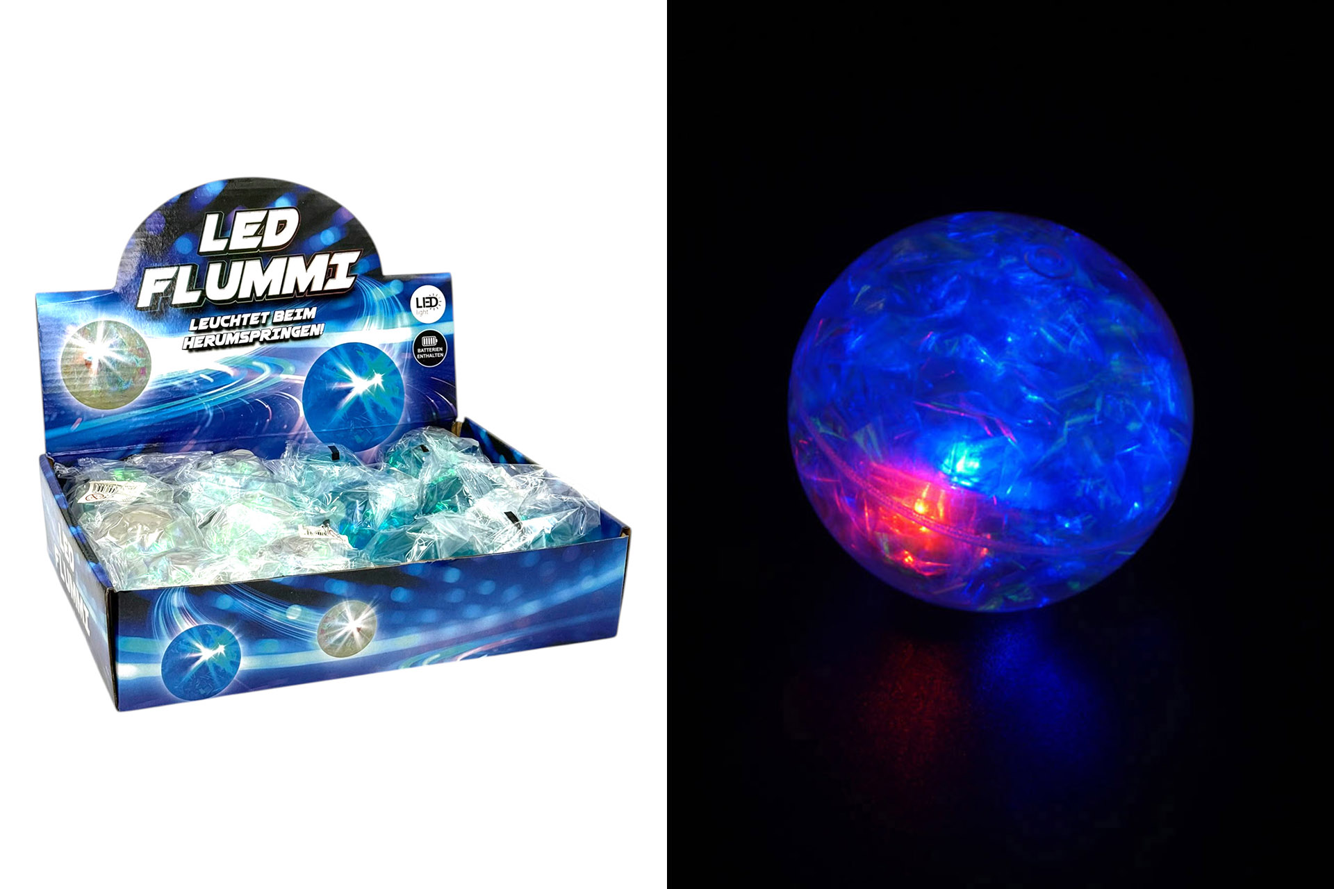 Flummi 3D mit LED, 6,5cm, 2 Farben, im Display