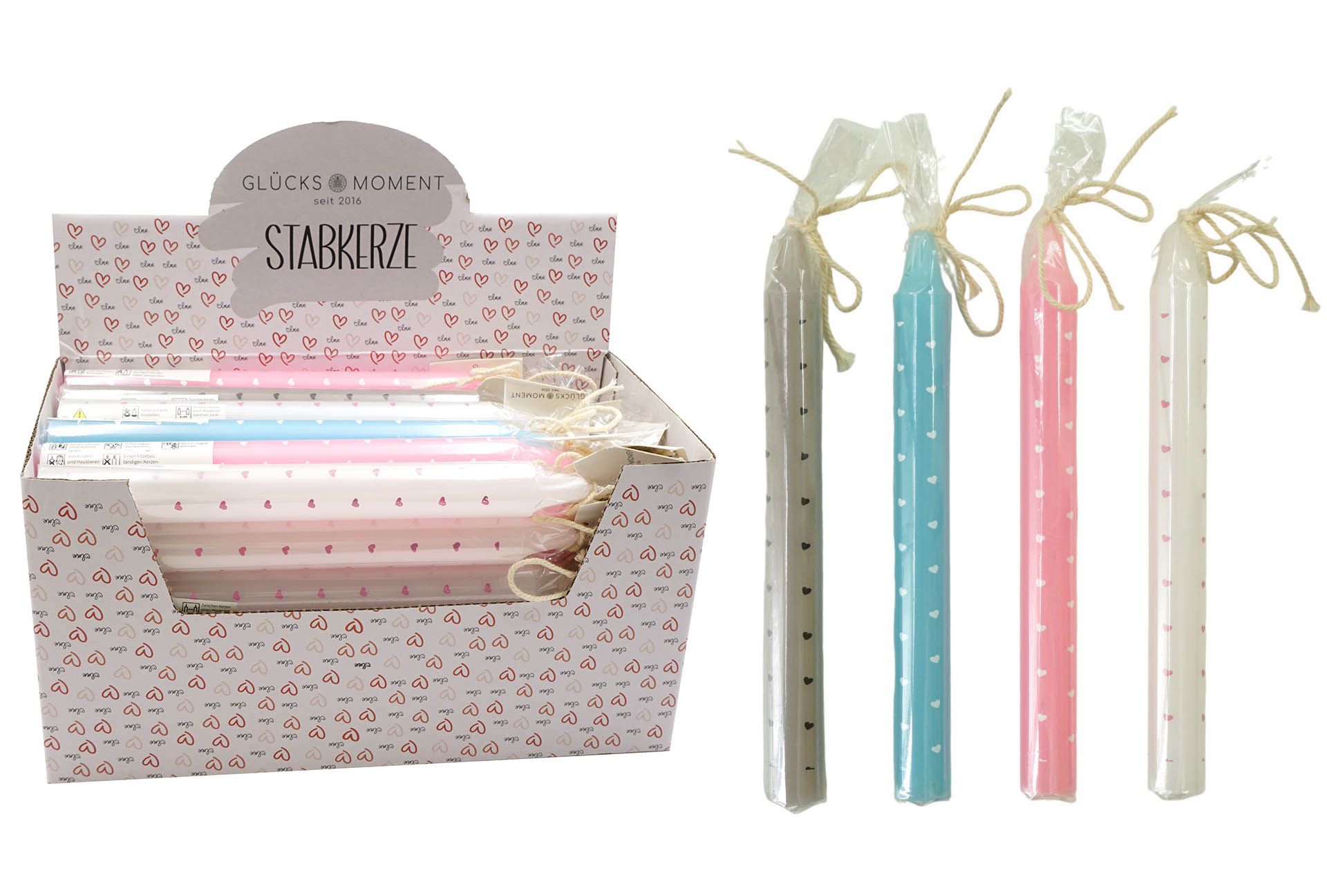 Stabkerze "Herzen all over", 19x2cm, Echtwachs, 4 Farben, im Display