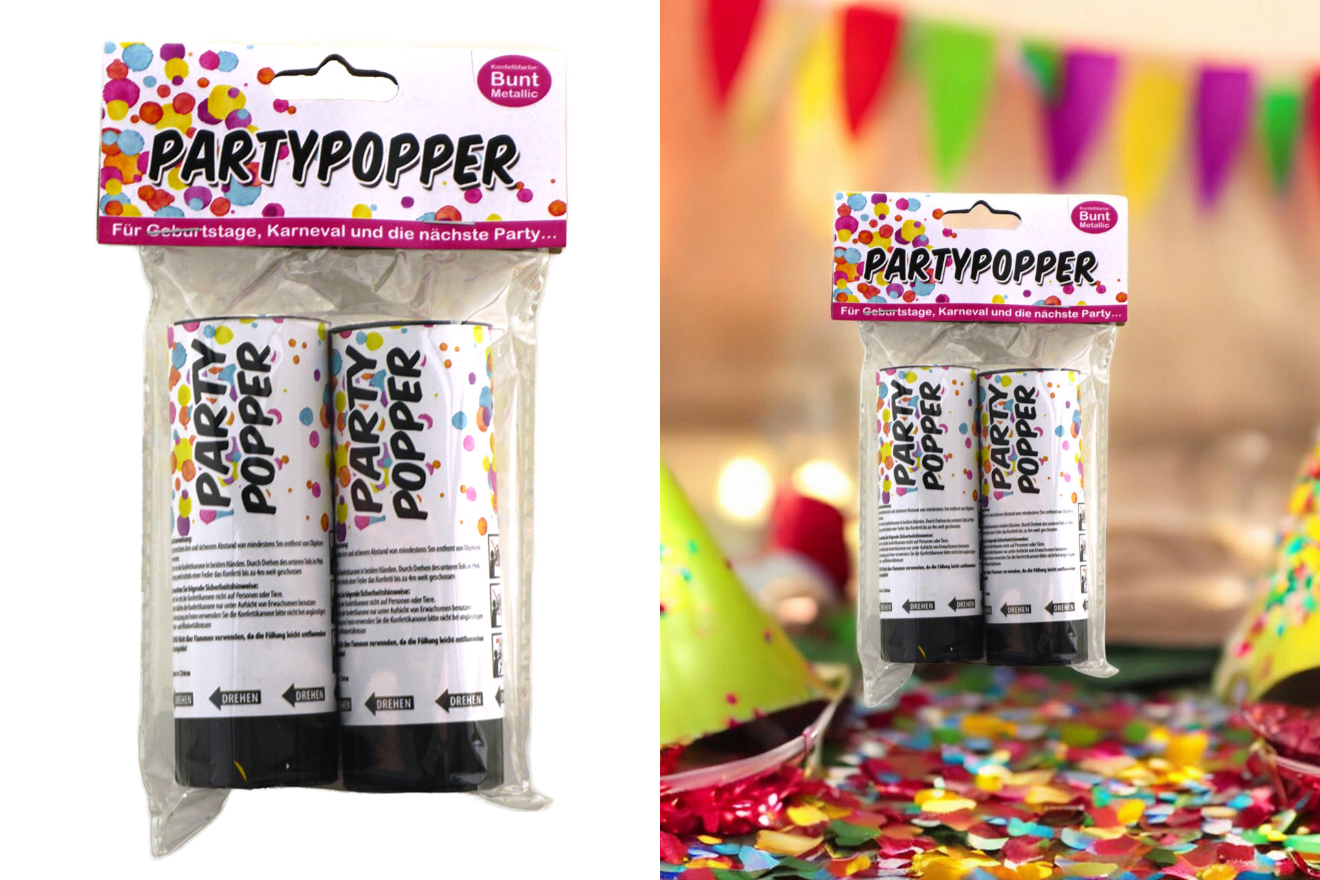 Partypopper 10,5cm, 2er bunt sortiert Metallic