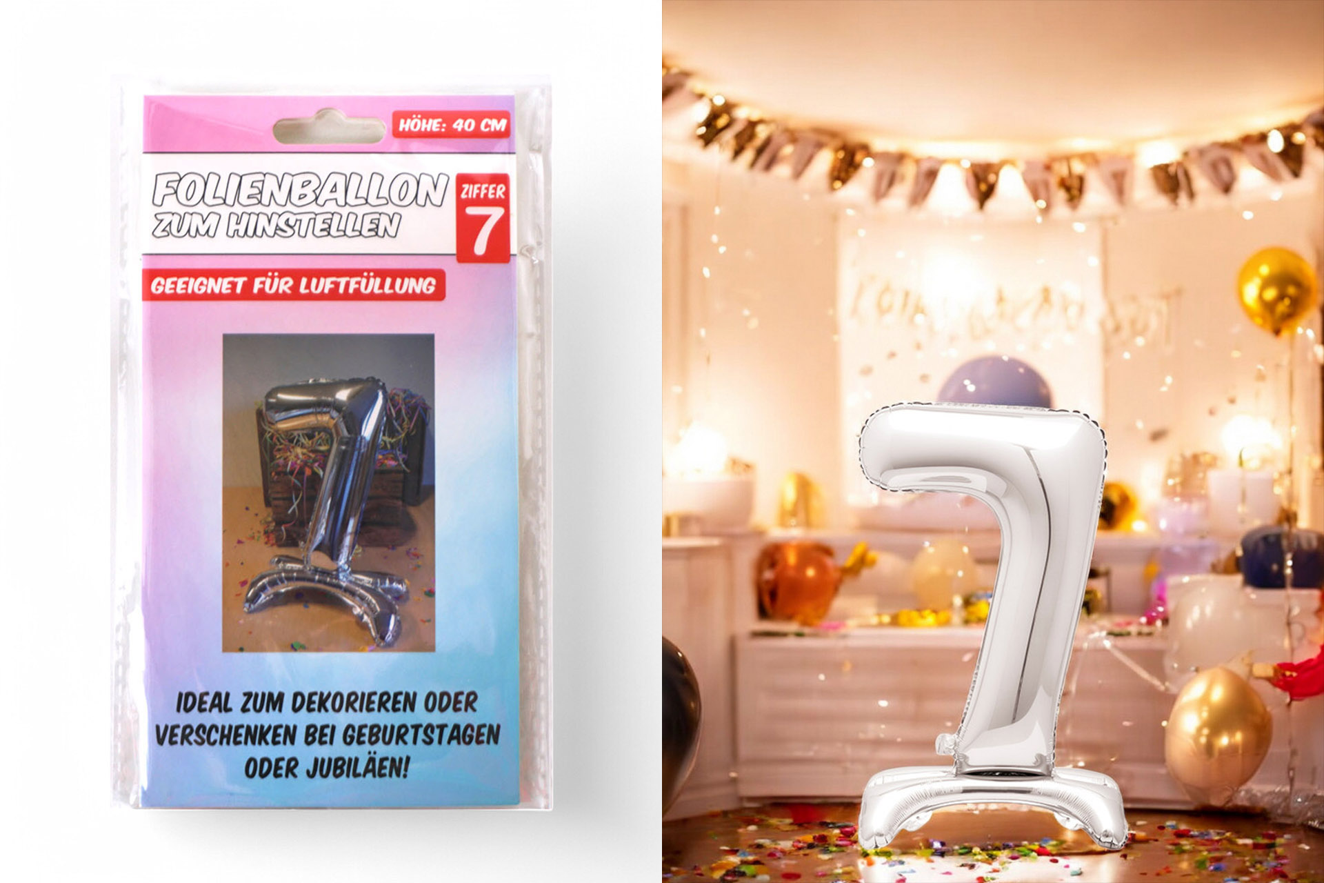 Folienballon zum Hinstellen "7", 40cm, in silber
