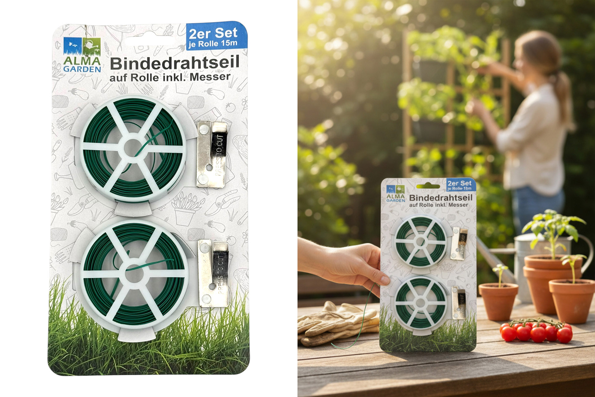Bindedrahtseil 15m auf Rolle mit Messer, 2er