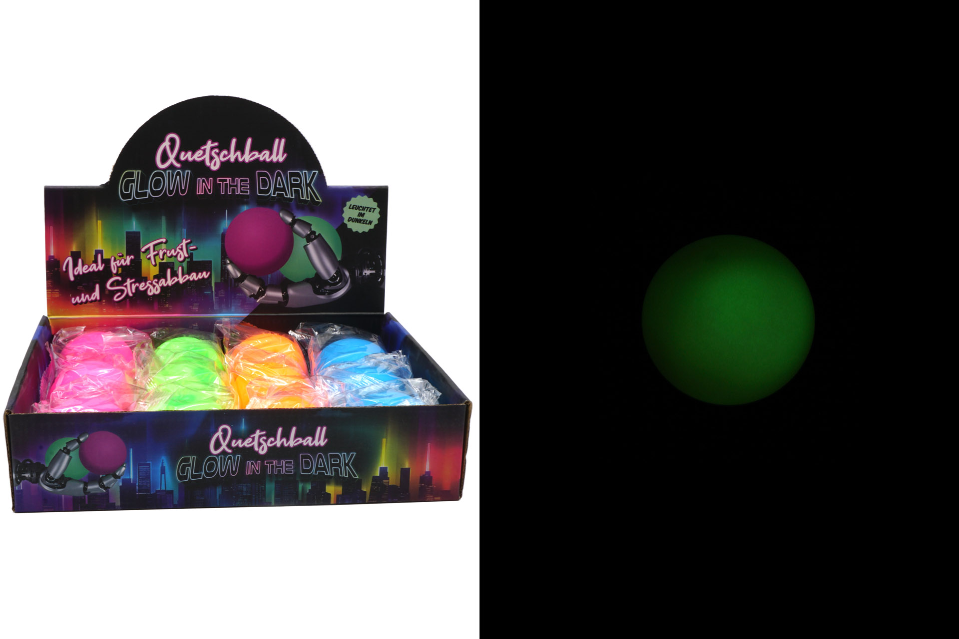 Quetschball Anti-Stress "Glow in the dark" 4 Farben, Display