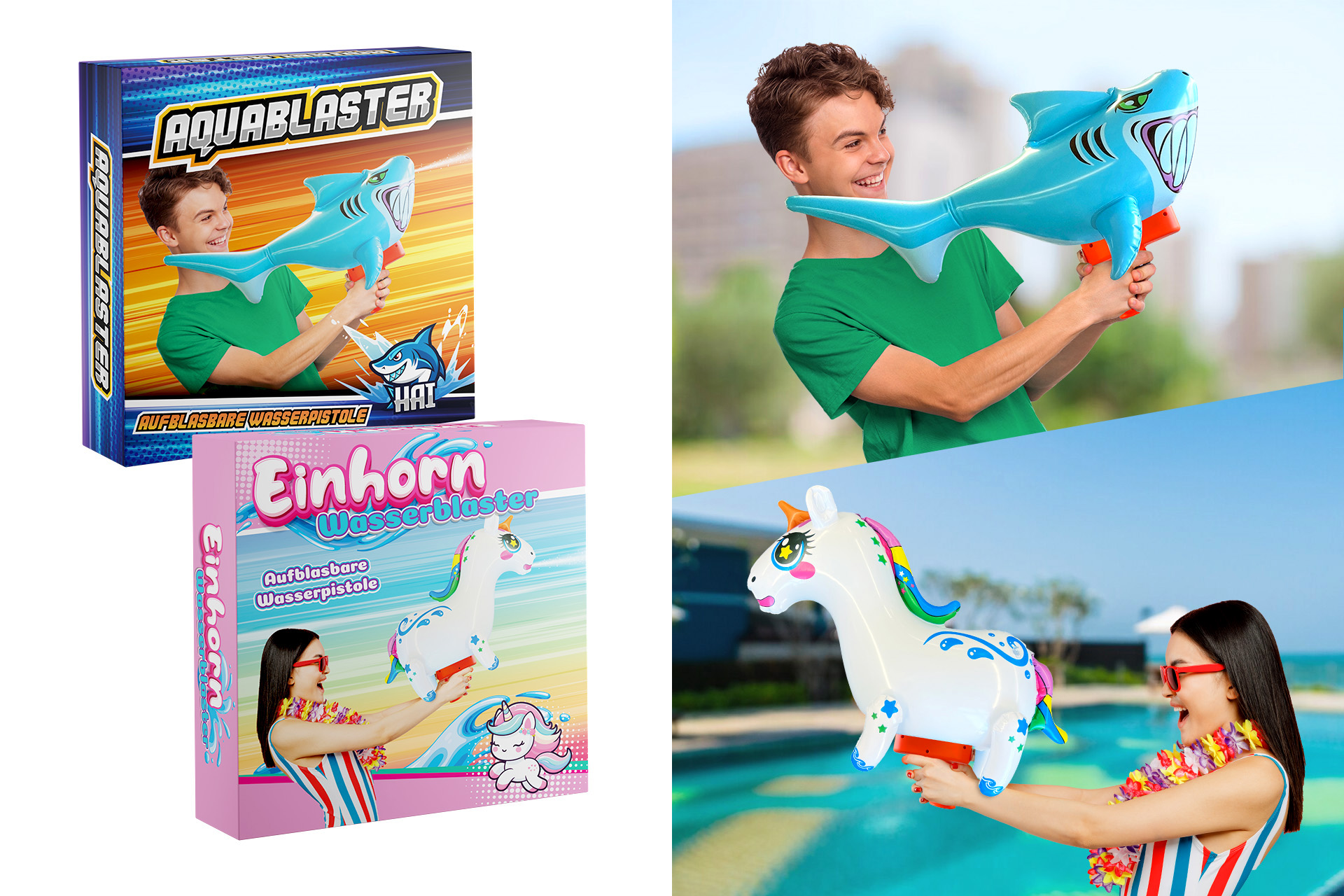 Wasserpistole "Hai und Einhorn", 45x24x37,5cm, 2 Designs
