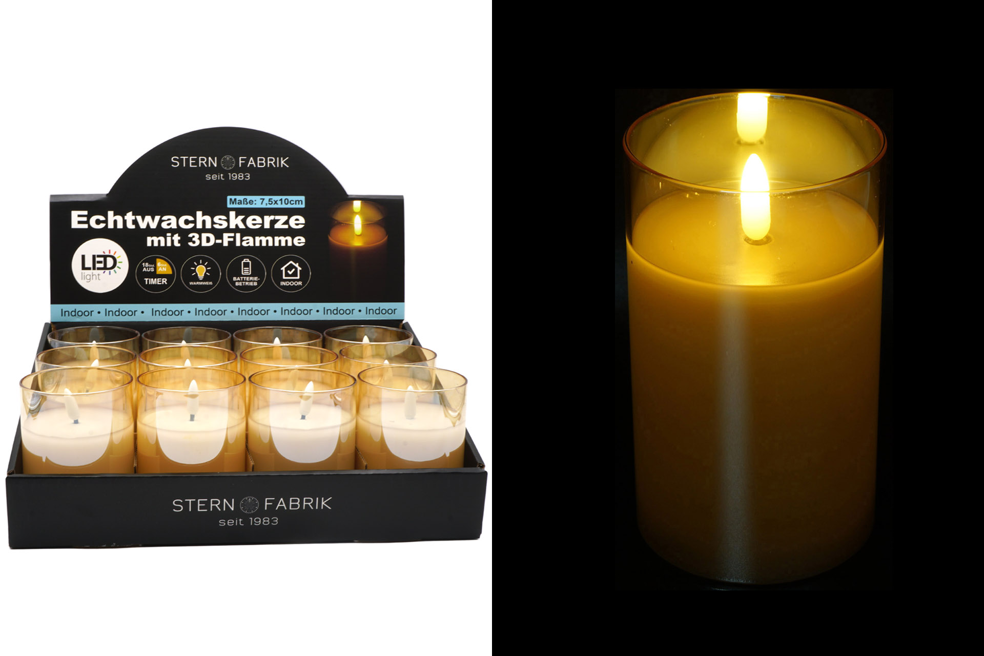 LED Echtwachskerze in Glas "3D Flamme" 7,5x10cm mit Timer, champagner, im Display