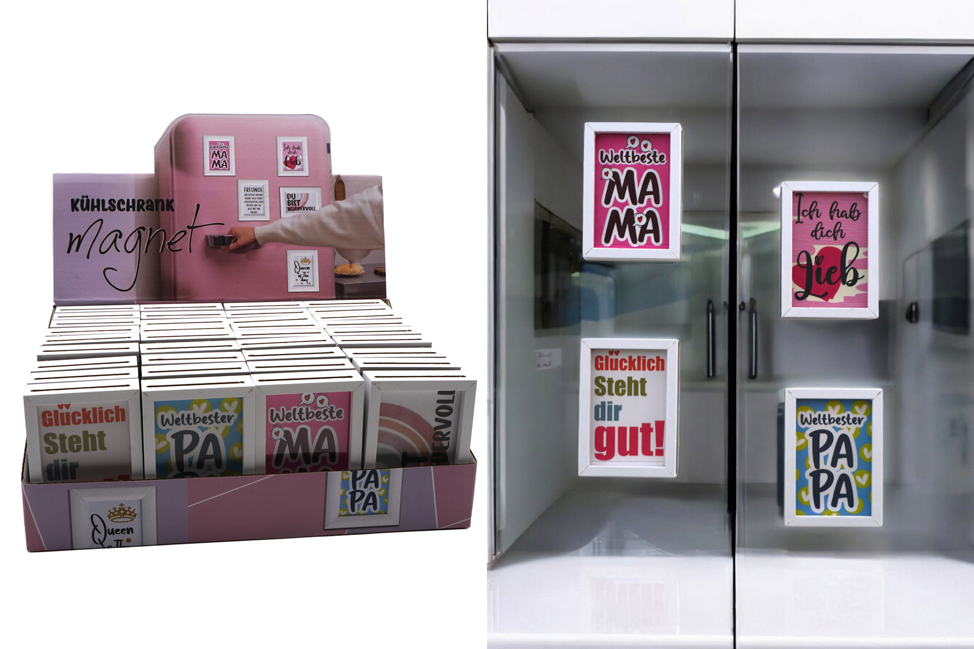 Kühlschrankmagnet Bilderrahmen weiß, 8,5x6x2cm, mit Sprüchen, 12 Designs, im Display