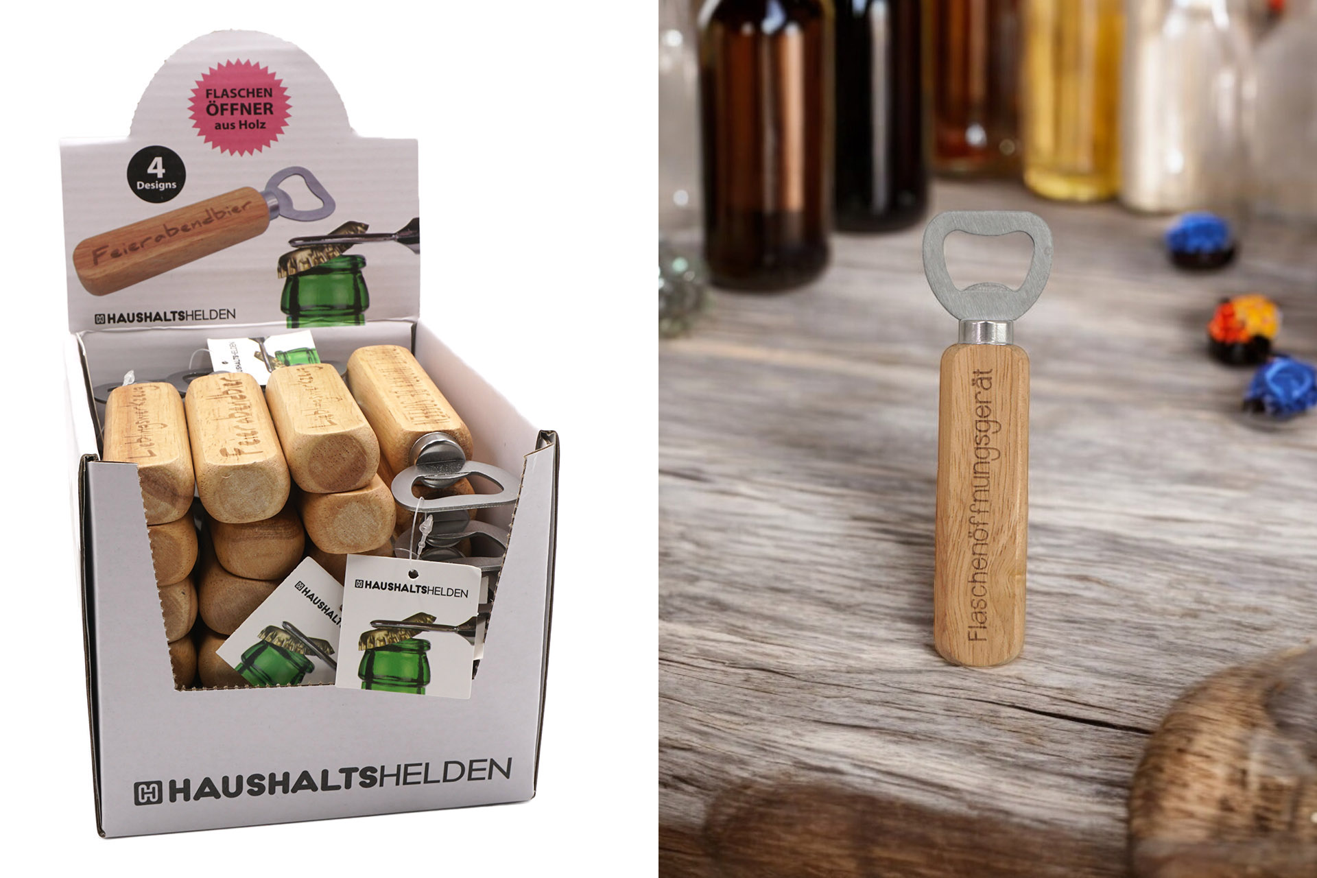 Flaschenöffner Holz, 4 Sprüche, 14x4cm, im Display