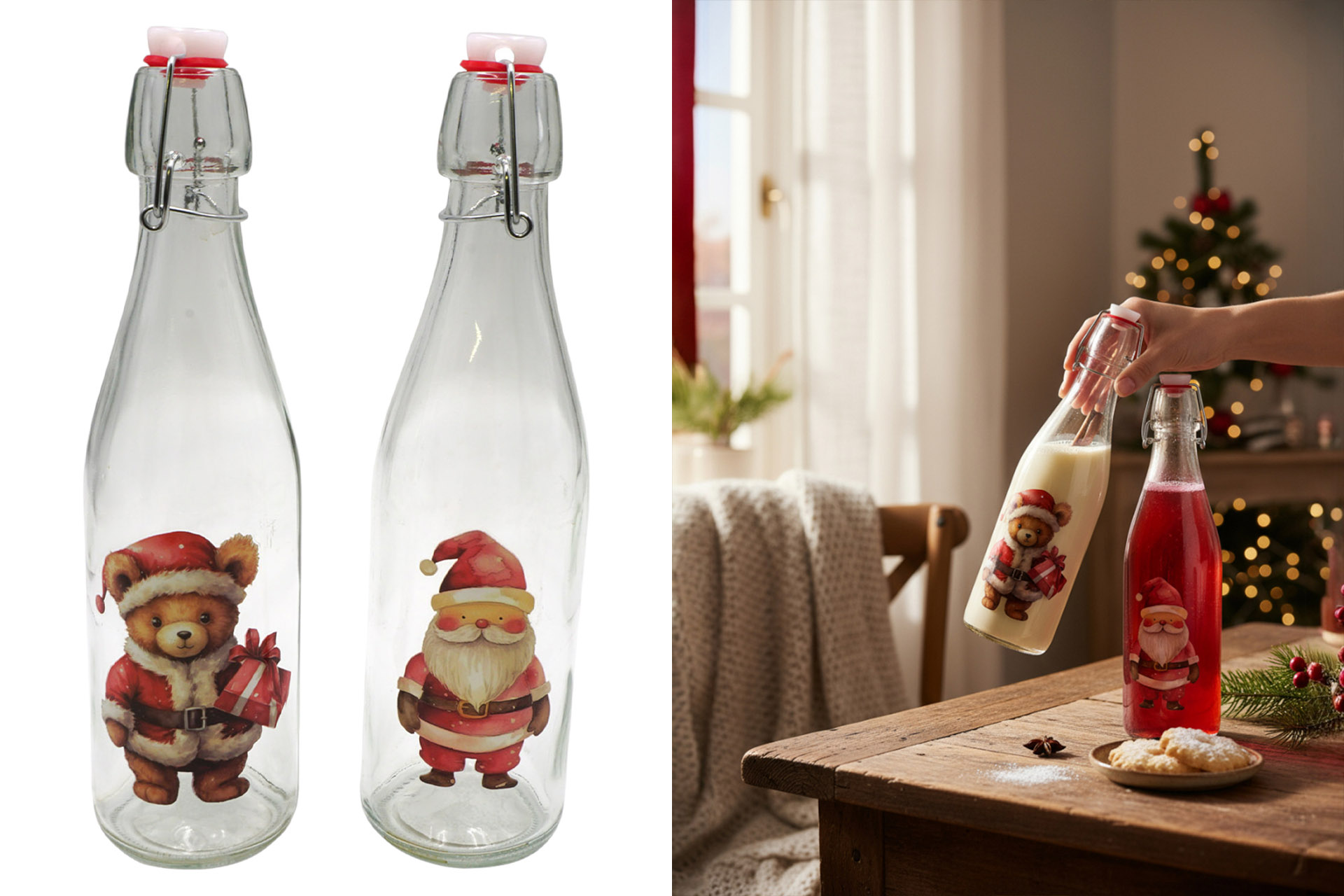 Weihnachtsdeko Glas "Bügelverschlussflasche" 500 ml, 2 Designs