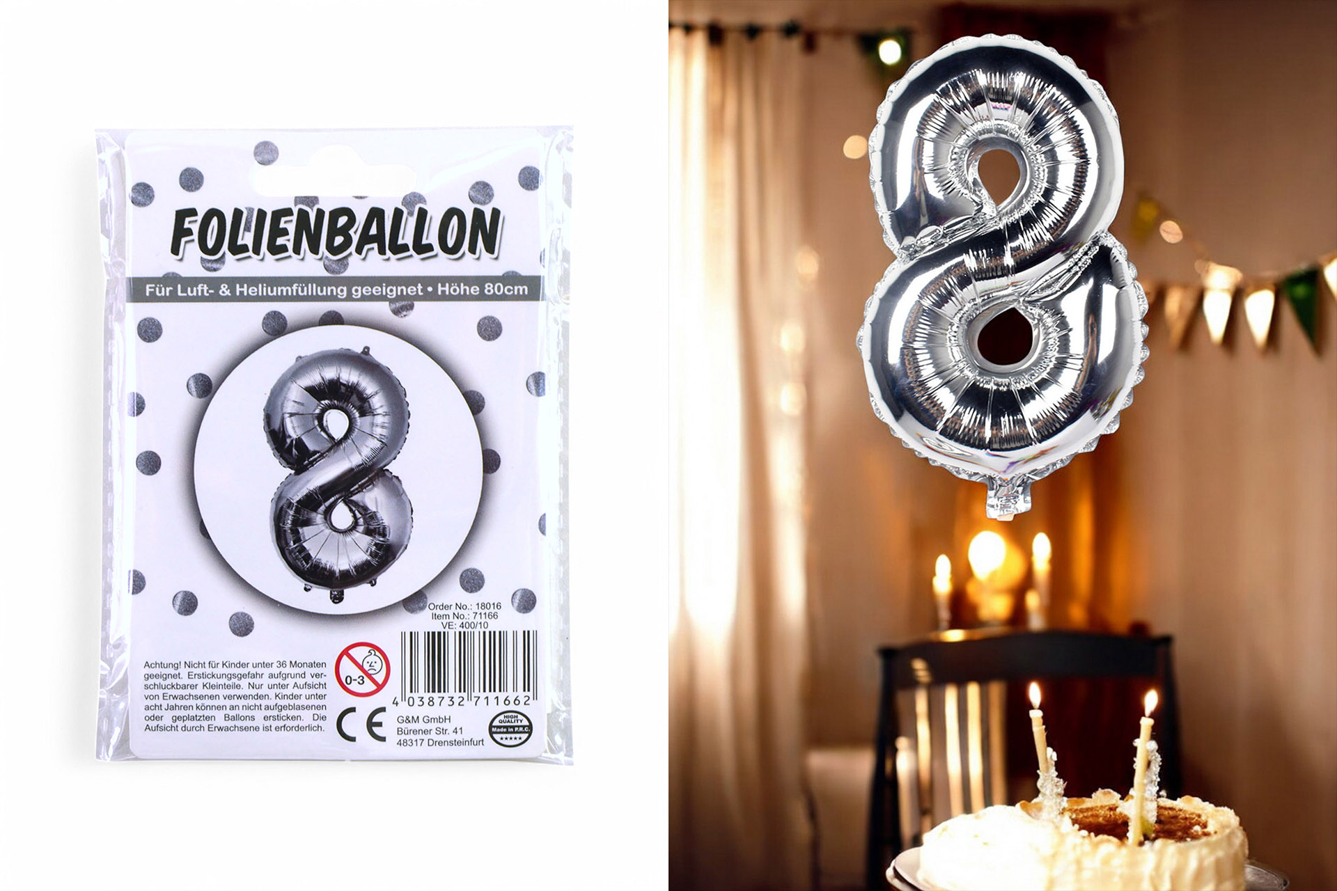 Folienballon Ziffer - 8 , 80cm silber