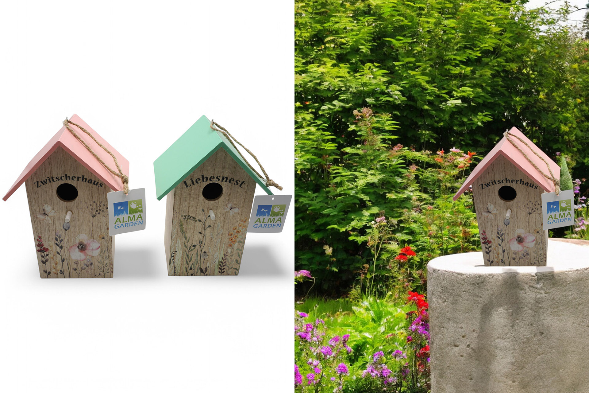 Vogelhäuschen Holz, 22 x 12 x 15,5cm, 2 Designs